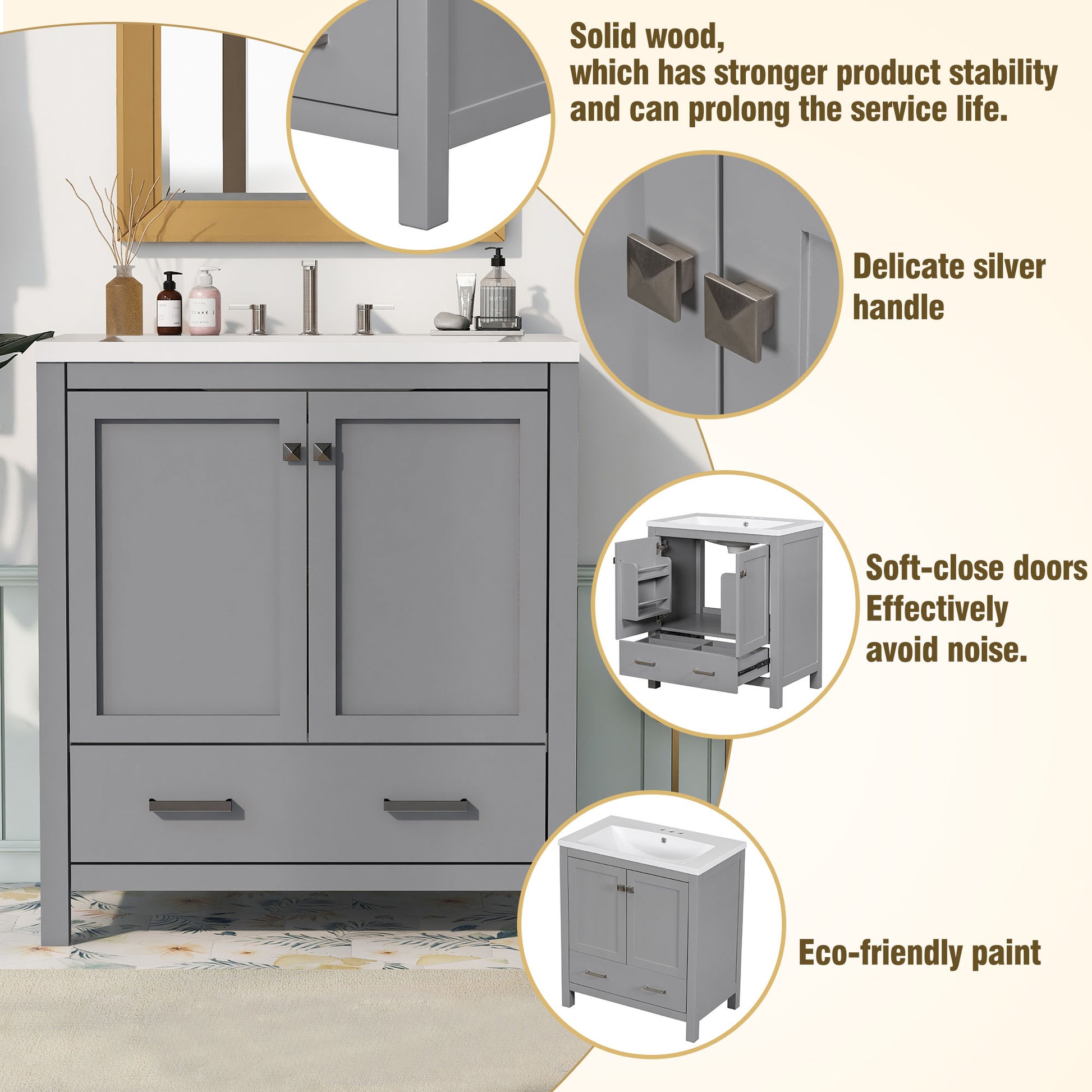 30" Grey Bathroom Vanity With Single Sink, Combo Cabinet Undermount Sink, Bathroom Storage Cabinet With 2 Doors And A Drawer, Soft Closing, Multifunctional Storage, Solid Wood Frame Grey Solid Wood Mdf Resin