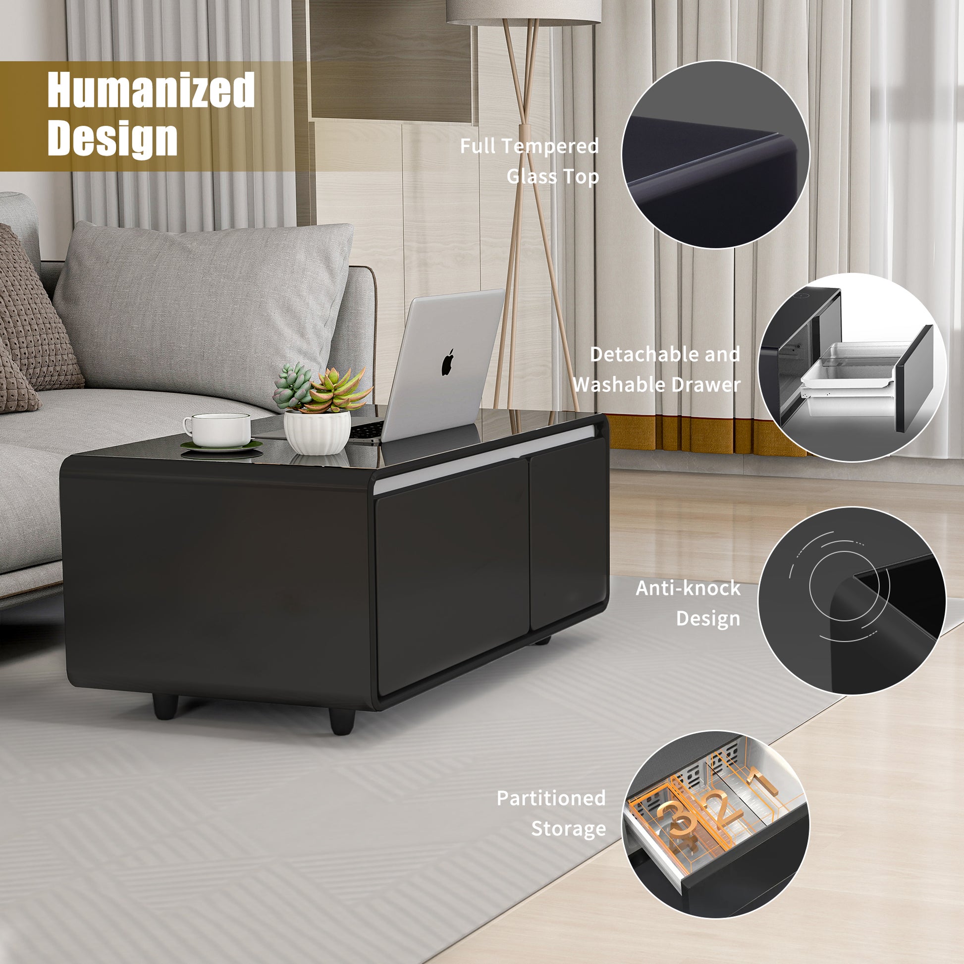 Modern Smart Coffee Table with Built in Fridge black-primary living