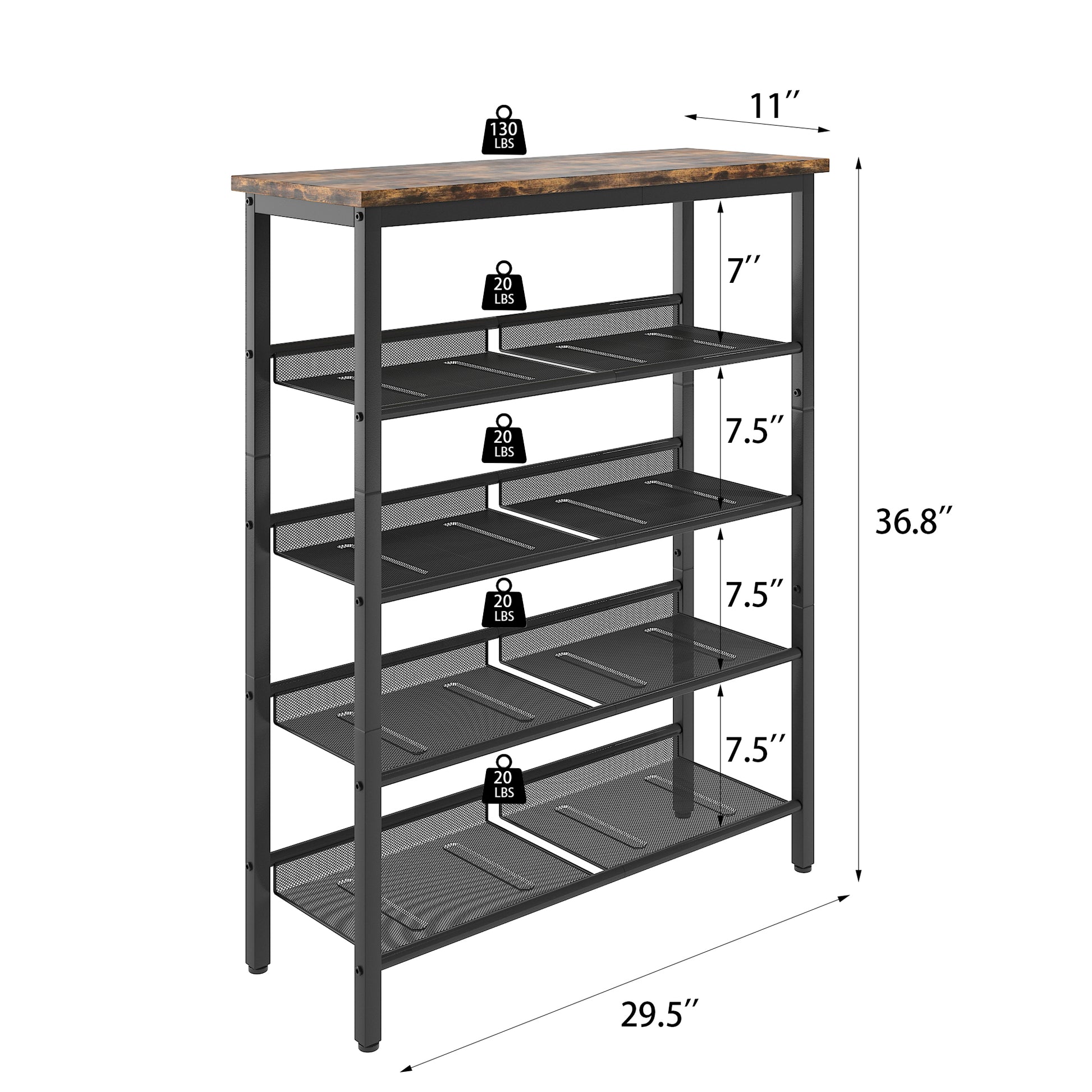 Industrial Shoe Rack, Adjustable Country Style 5 Layer Shoe Rack Storage Rack, With 4 Mesh Shelves, Suitable For Entrance, Living Room, Bedroom And Porch Black Mdf