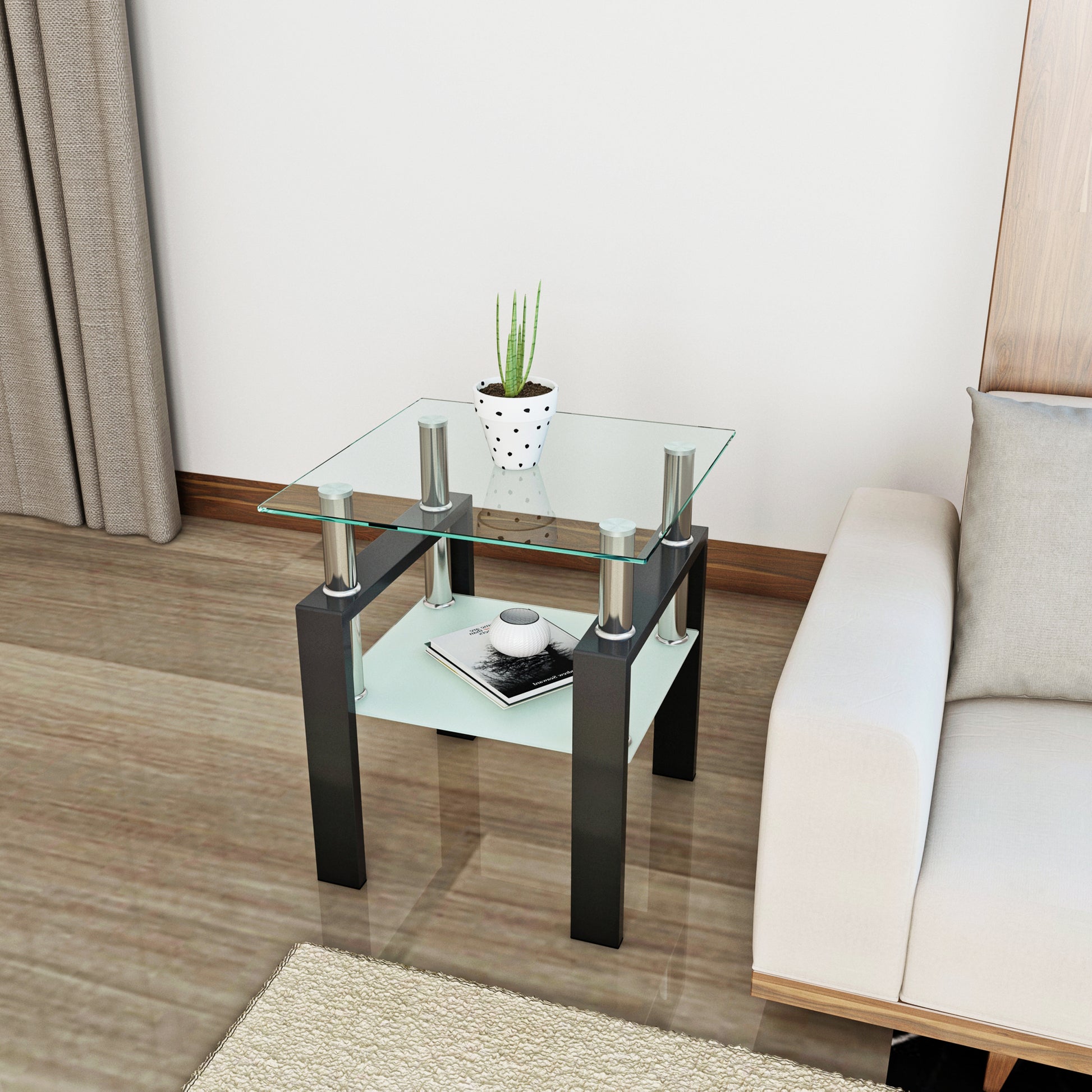 1 Piece Modern Tempered Glass Tea Table Coffee Table End Table, Square Table For Living Room, Transparent Black Transparent Tempered Glass