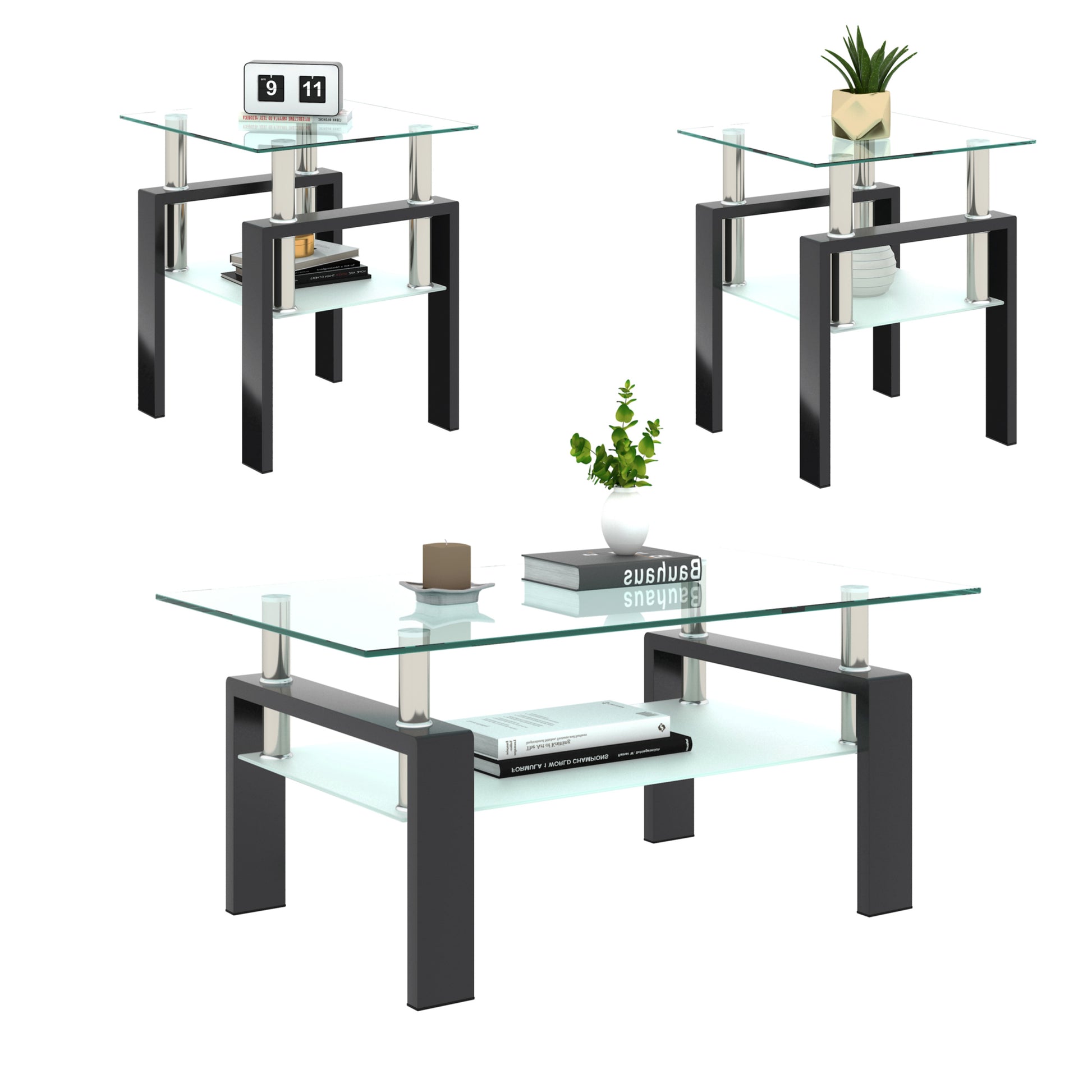 Set Of 2, Modern Tempered Glass Tea Table Coffee Table End Table, Square Table For Living Room, Transparent Black Transparent Tempered Glass