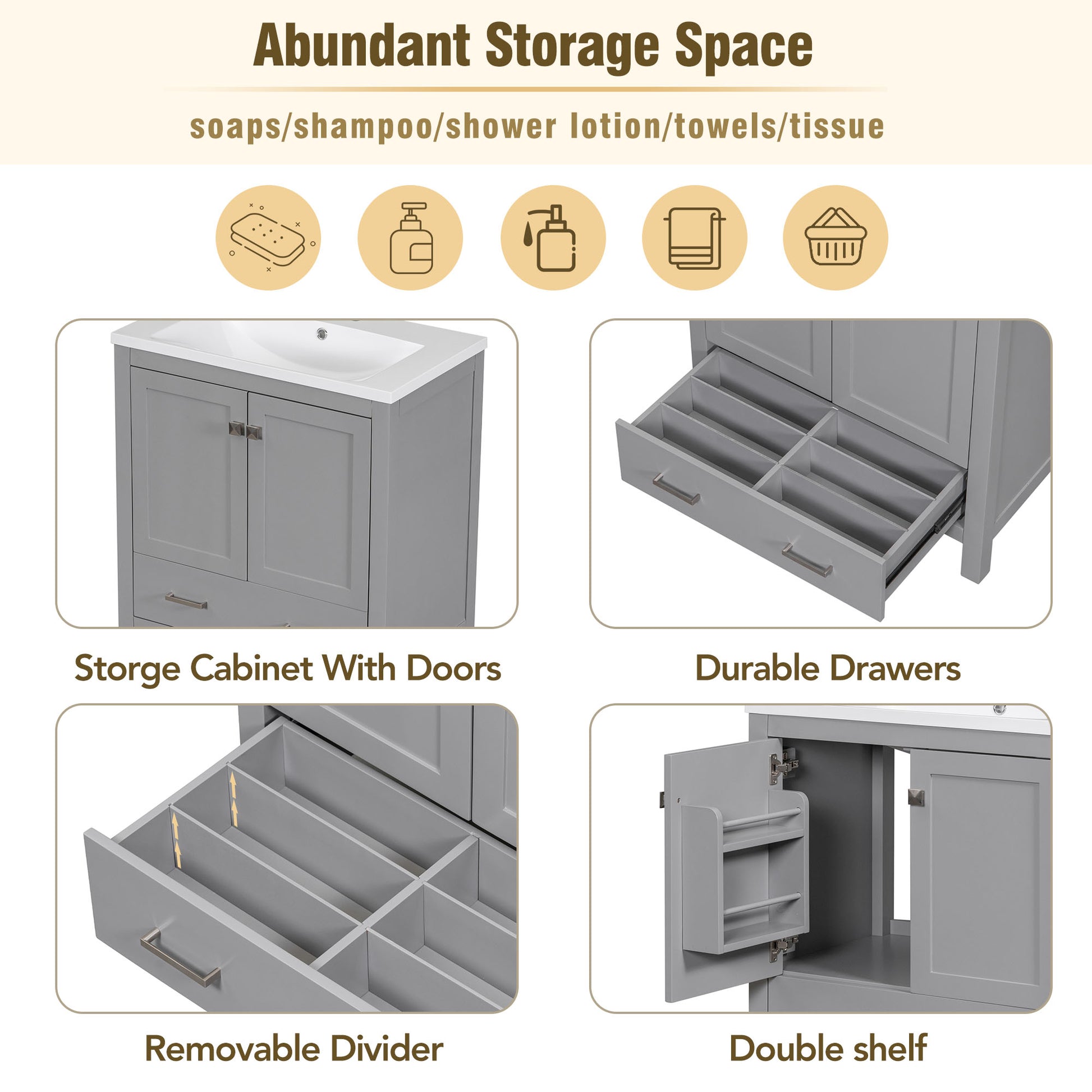 30" Grey Bathroom Vanity With Single Sink, Combo Cabinet Undermount Sink, Bathroom Storage Cabinet With 2 Doors And A Drawer, Soft Closing, Multifunctional Storage, Solid Wood Frame Grey Solid Wood Mdf Resin