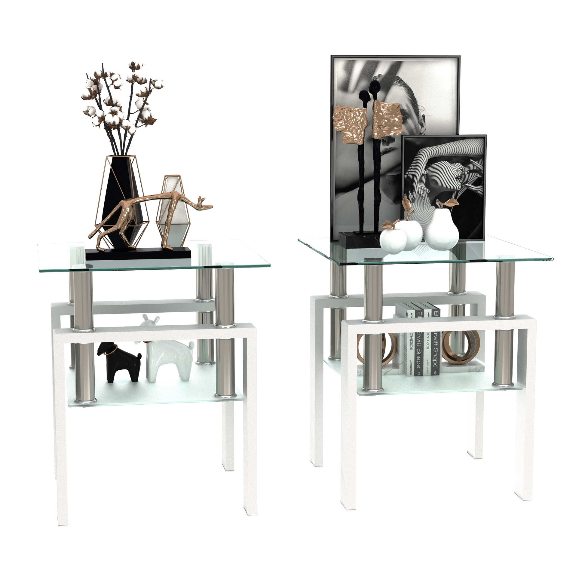 Set Of 2, Modern Tempered Glass Tea Table Coffee Table End Table, Square Table For Living Room, Transparent White White Tempered Glass