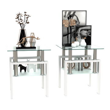 Set Of 2, Modern Tempered Glass Tea Table Coffee Table End Table, Square Table For Living Room, Transparent White White Tempered Glass