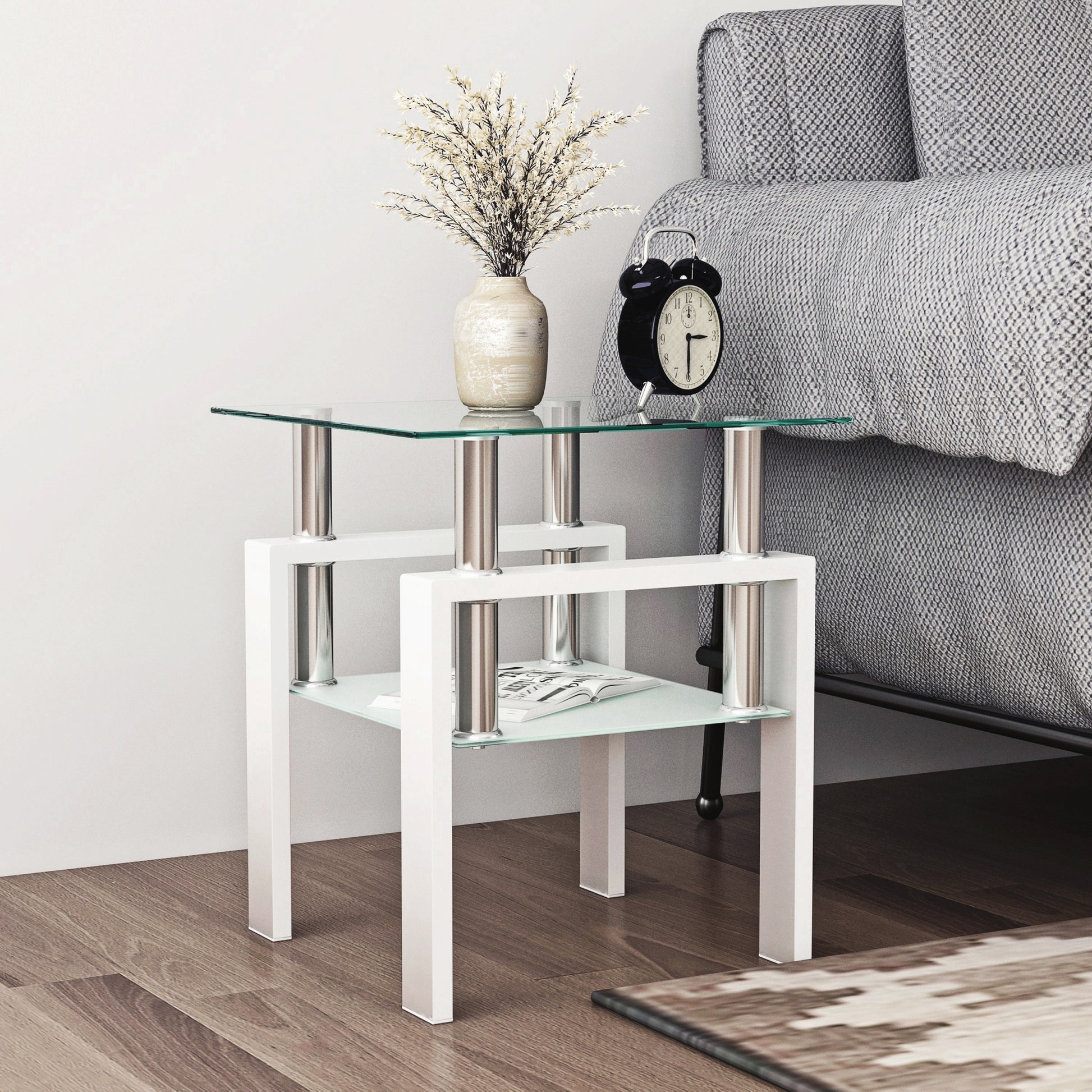 1 Piece Modern Tempered Glass Tea Table Coffee Table End Table, Square Table For Living Room, Transparent White White Tempered Glass