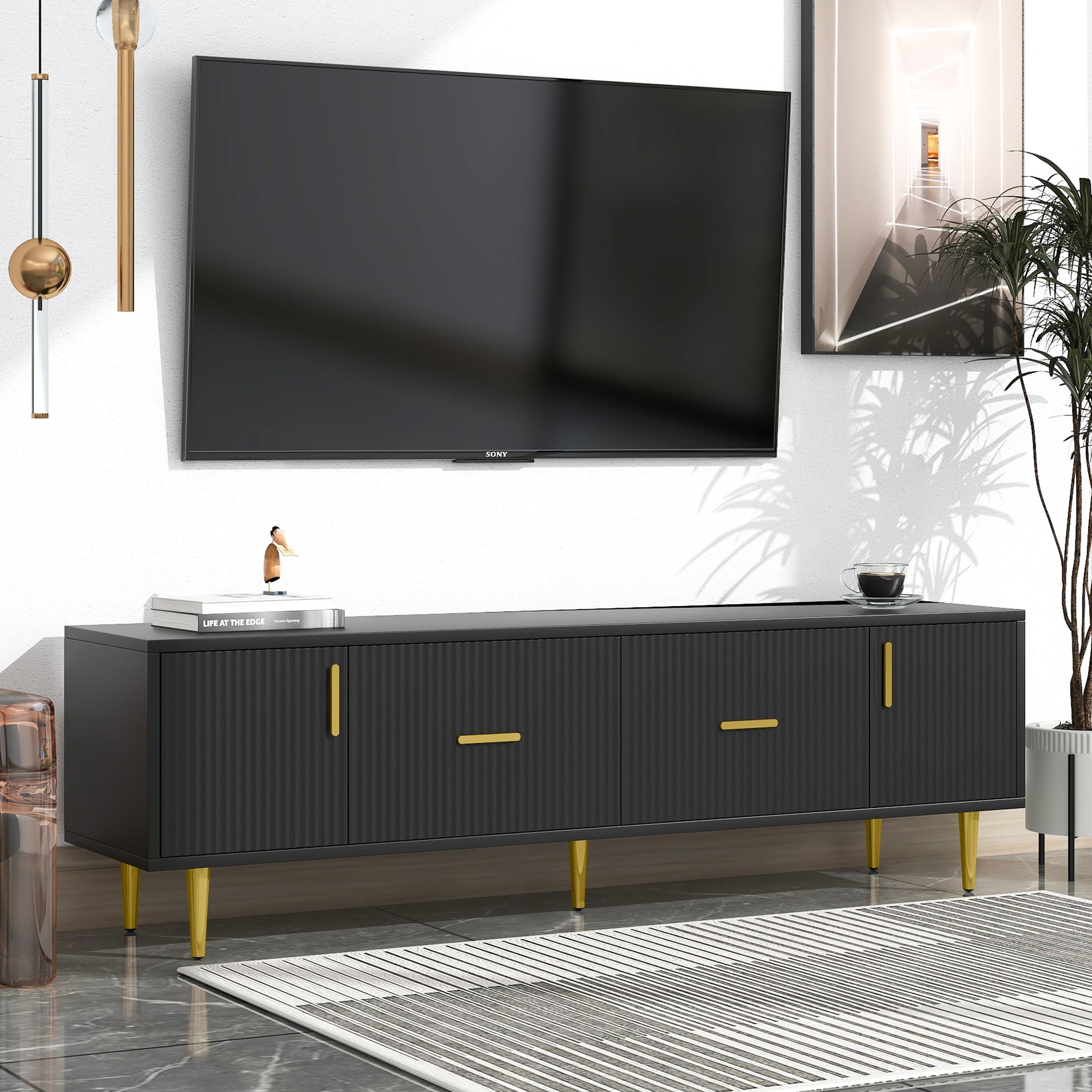 Modern Tv Stand With 5 Champagne Legs Durable, Stylish And Spacious, Tvs Up To 75'' Black 70 79 Inches Mdf