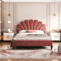 Full Size Upholstered Platform Bed With Flower Pattern Velvet Headboard, Bean Paste Red Bean Paste Red Velvet