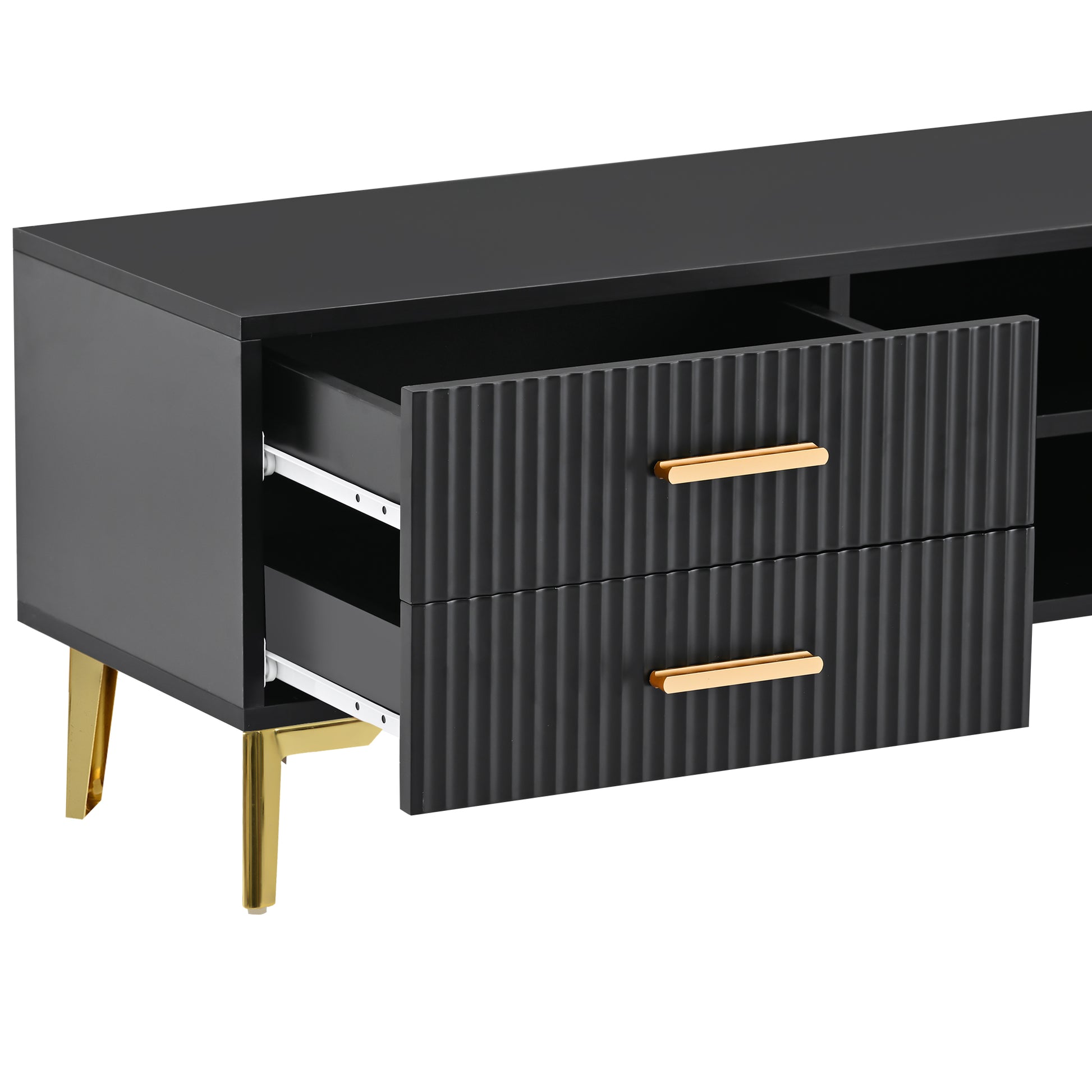 Modern Tv Stand With 5 Champagne Legs Durable, Stylish, Spacious, Versatile Storage Tvs Up To 77" Black Black Mdf