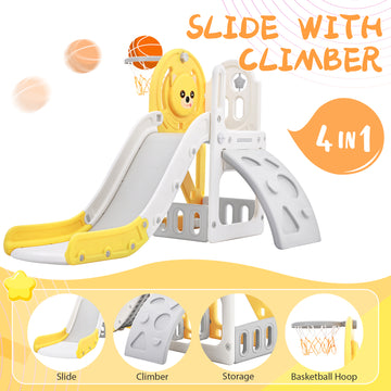 Toddler Climber And Slide Set 4 In 1, Kids Playground Climber Freestanding Slide Playset With Basketball Hoop Play Combination For Babies Indoor & Outdoor Yellow Hdpe