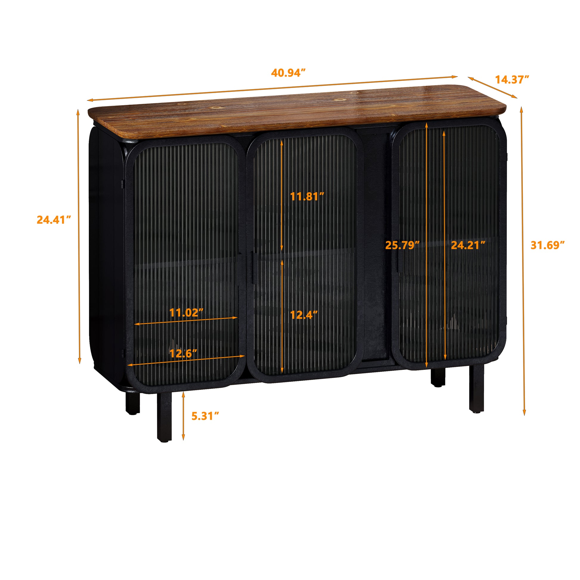 40.94"Glass Doors Modern Three Door Cabinet With Featuring Two Tier Storage,Unique Fir Cabinet Top,For Entryway,Living Room,Home Office,Dining Room Black Brown Metal & Wood