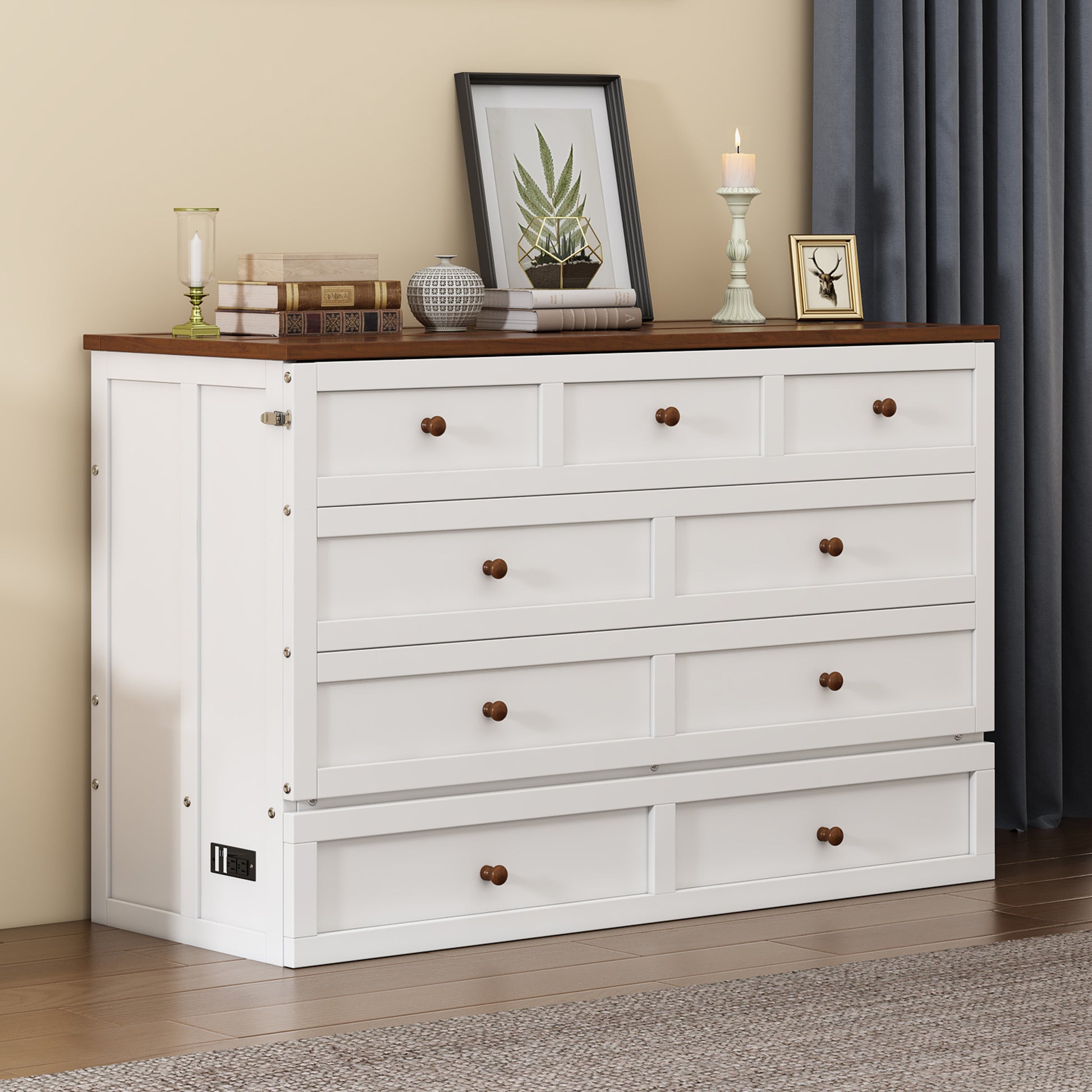 Solid Pine Murphy Bed Chest With Charging Station And Large Storage Drawer For Home Office Or Small Roomfull, White Walnut White Walnut Wood