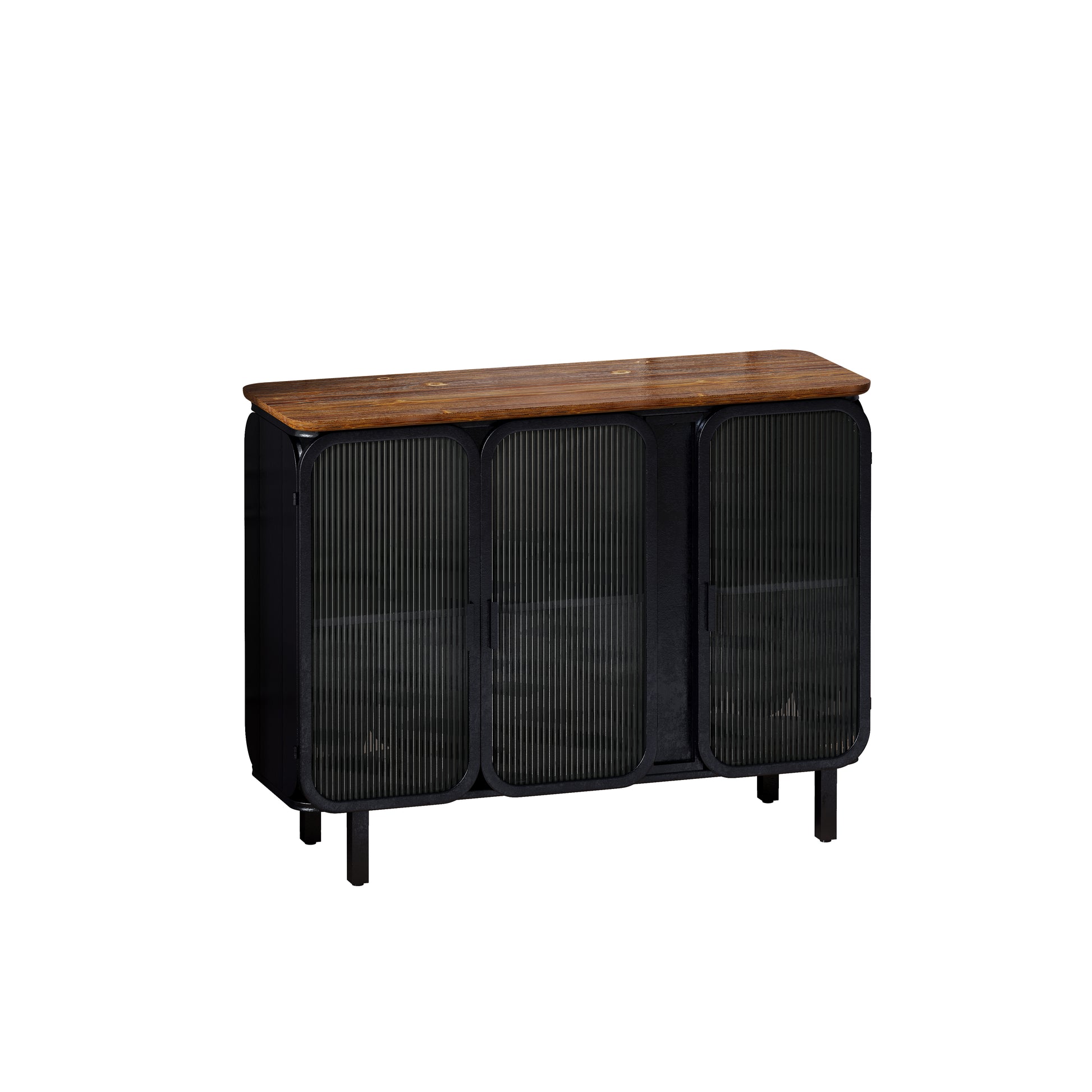 40.94"Glass Doors Modern Three Door Cabinet With Featuring Two Tier Storage,Unique Fir Cabinet Top,For Entryway,Living Room,Home Office,Dining Room Black Brown Metal & Wood