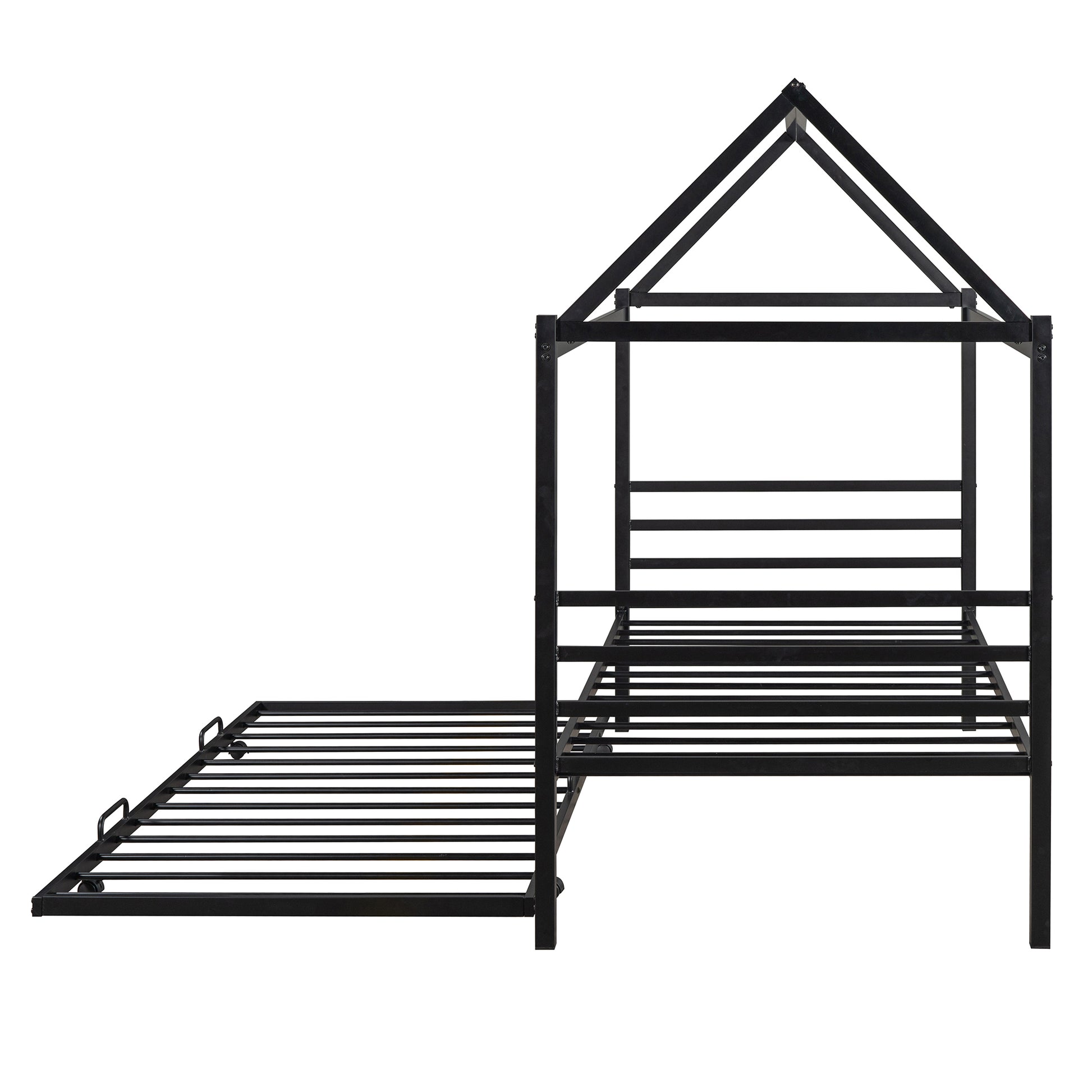 Twin Size Metal House Shape Platform Bed With Trundle,Black Box Spring Not Required Twin Black Metal Bedroom Bed Frame Metal