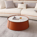 Not Available On 31.5Inch Coffee Table, Marble Top Orange Saddle Leather Body Iron Frame Orange Metal