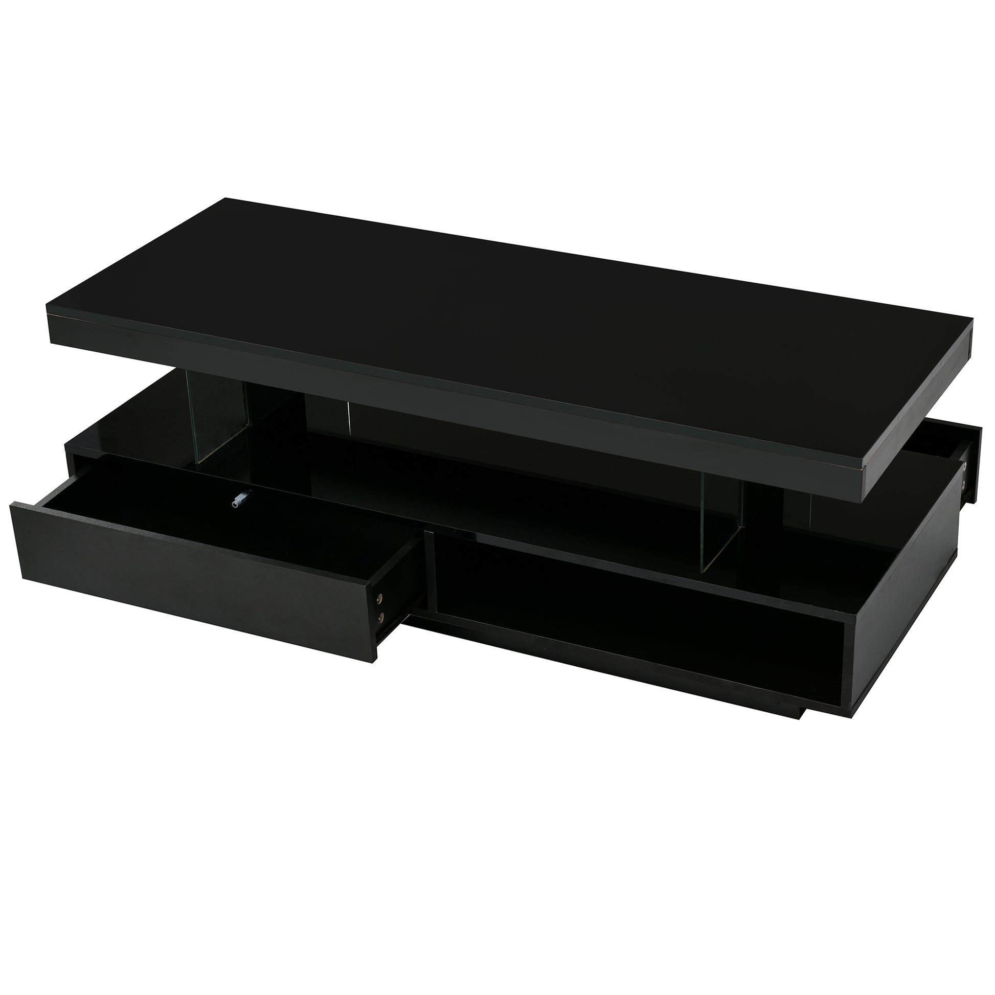 Led Coffee Table With Storage, Modern Center Table With 2 Drawers And Display Shelves, Accent Furniture With Led Lights For Living Room,Black Black Particle Board