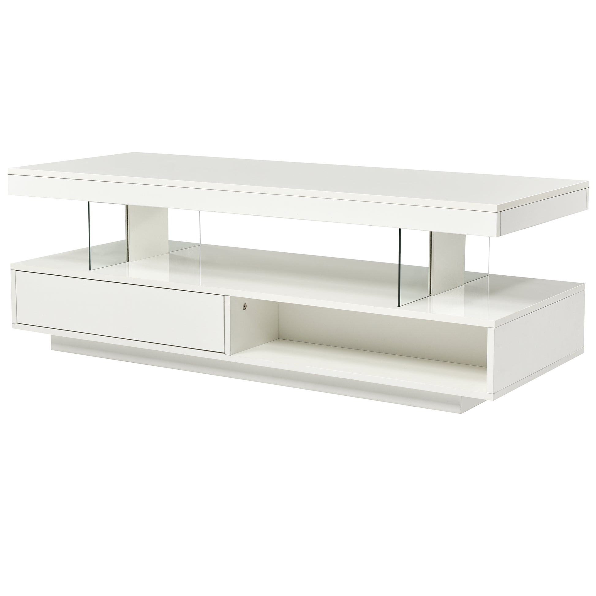 Led Coffee Table With Storage, Modern Center Table With 2 Drawers And Display Shelves, Accent Furniture With Led Lights For Living Room,White White Particle Board