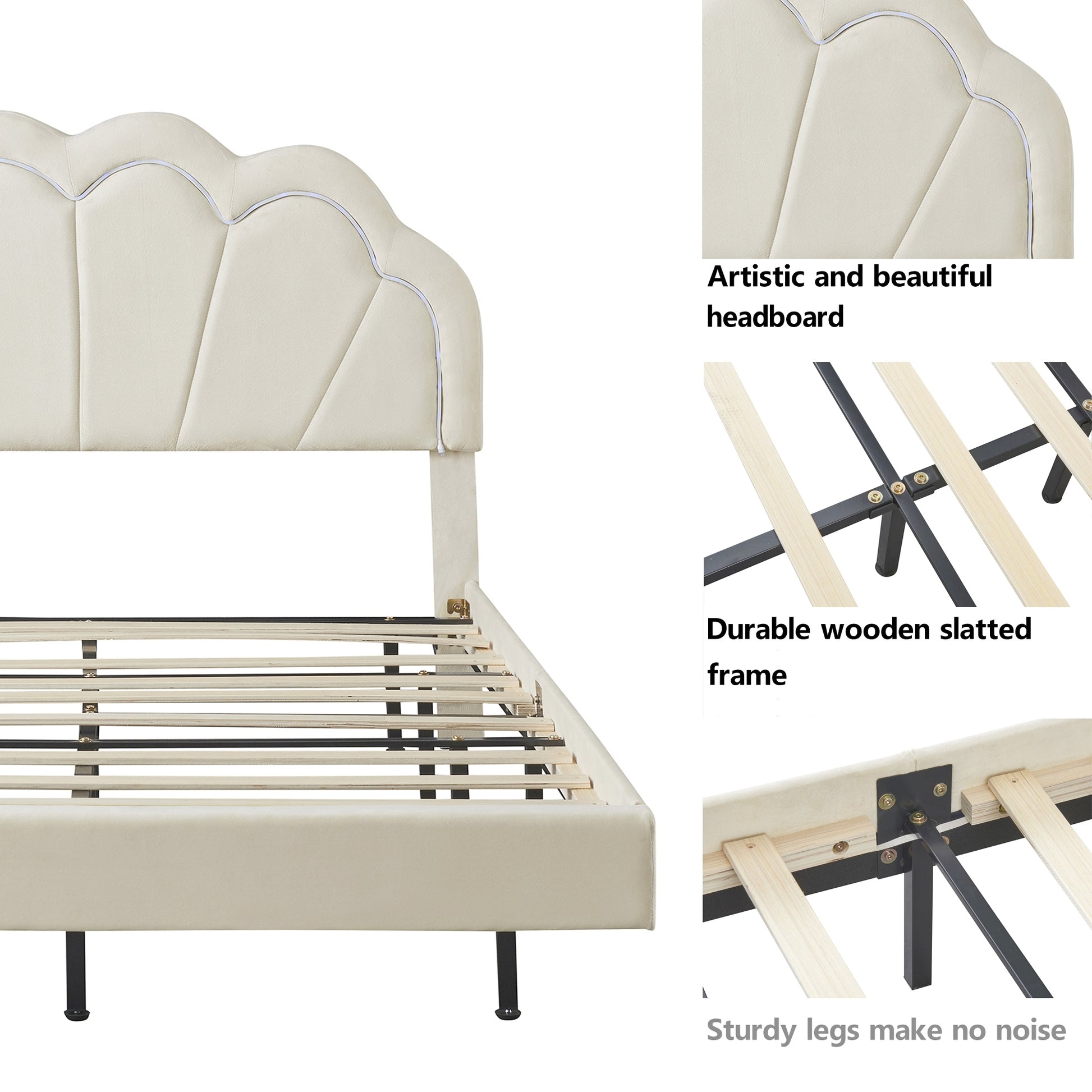 2 Pieces Bedroom Sets Full Size Upholstered Led Platform Bed With Storage Ottoman Velvet,Beige Beige Velvet