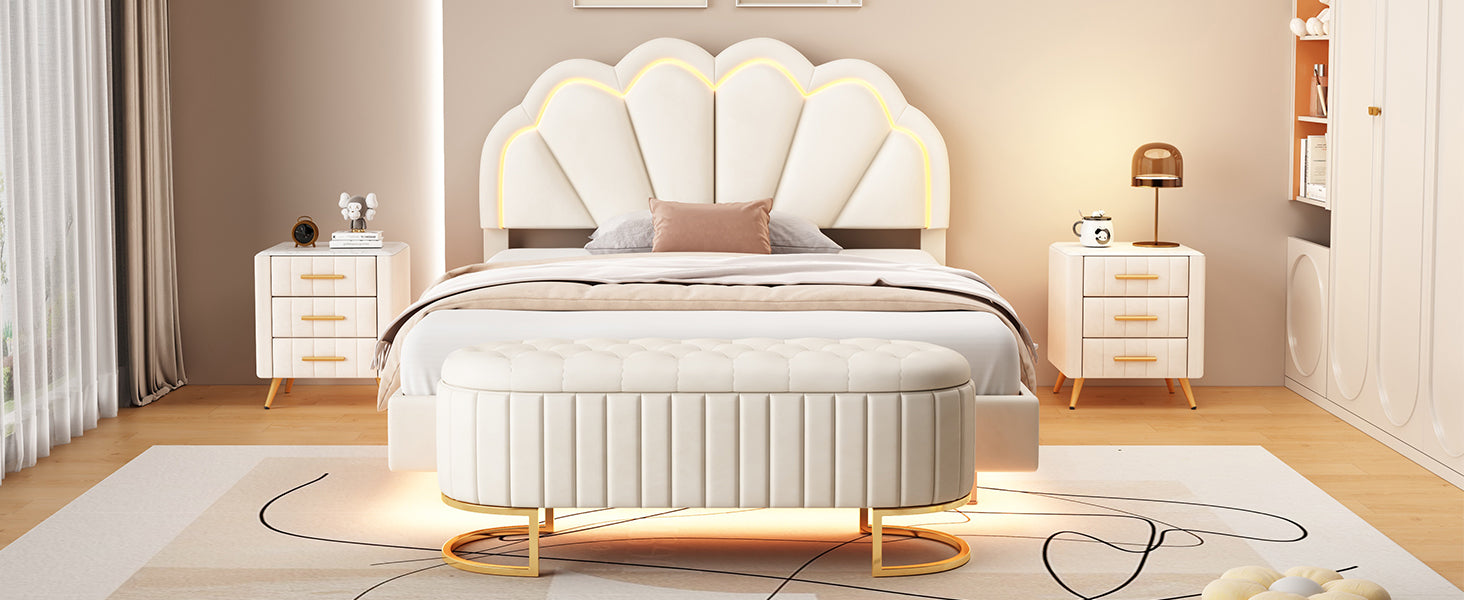 2 Pieces Bedroom Sets Full Size Upholstered Led Platform Bed With Storage Ottoman Velvet,Beige Beige Velvet