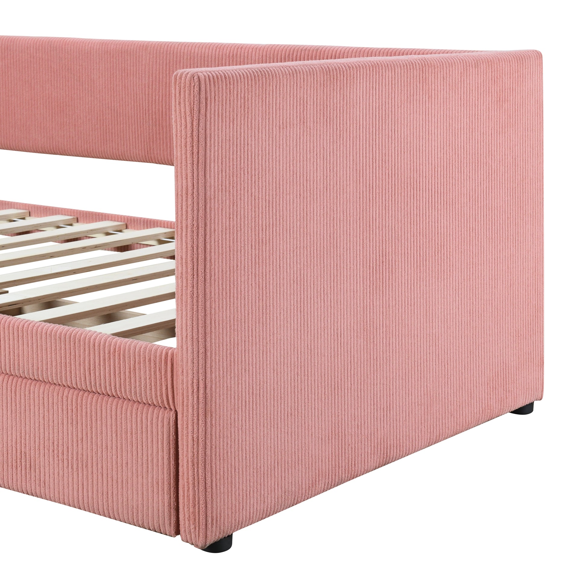 Twin Size Corduroy Daybed With Two Drawers And Wood Slat, Pink Pink Corduroy