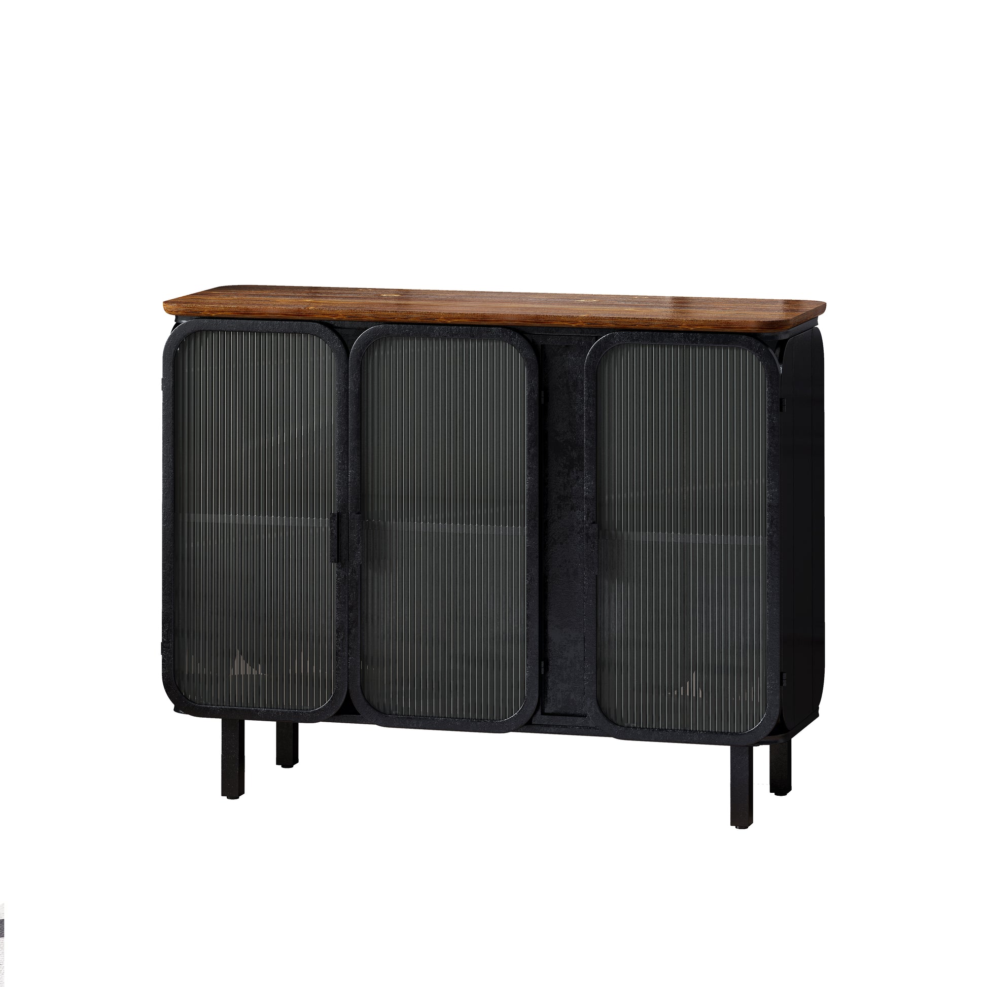 40.94"Glass Doors Modern Three Door Cabinet With Featuring Two Tier Storage,Unique Fir Cabinet Top,For Entryway,Living Room,Home Office,Dining Room Black Brown Metal & Wood