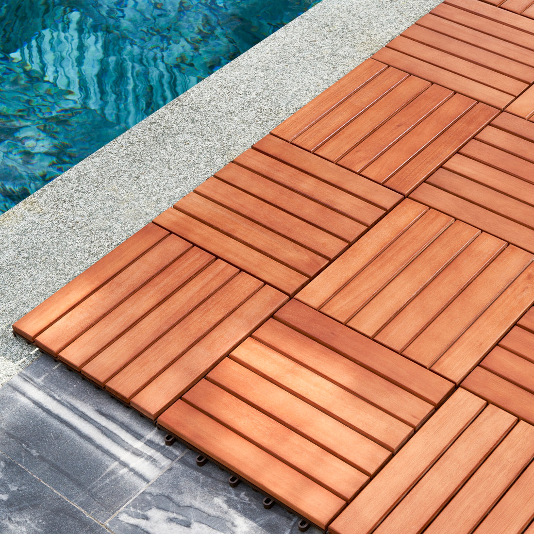 Kaia 6 Slat Reddish Brown Wood Interlocking Deck Tile Set Of 10 Tiles Natural Wood Wood Eucalyptus