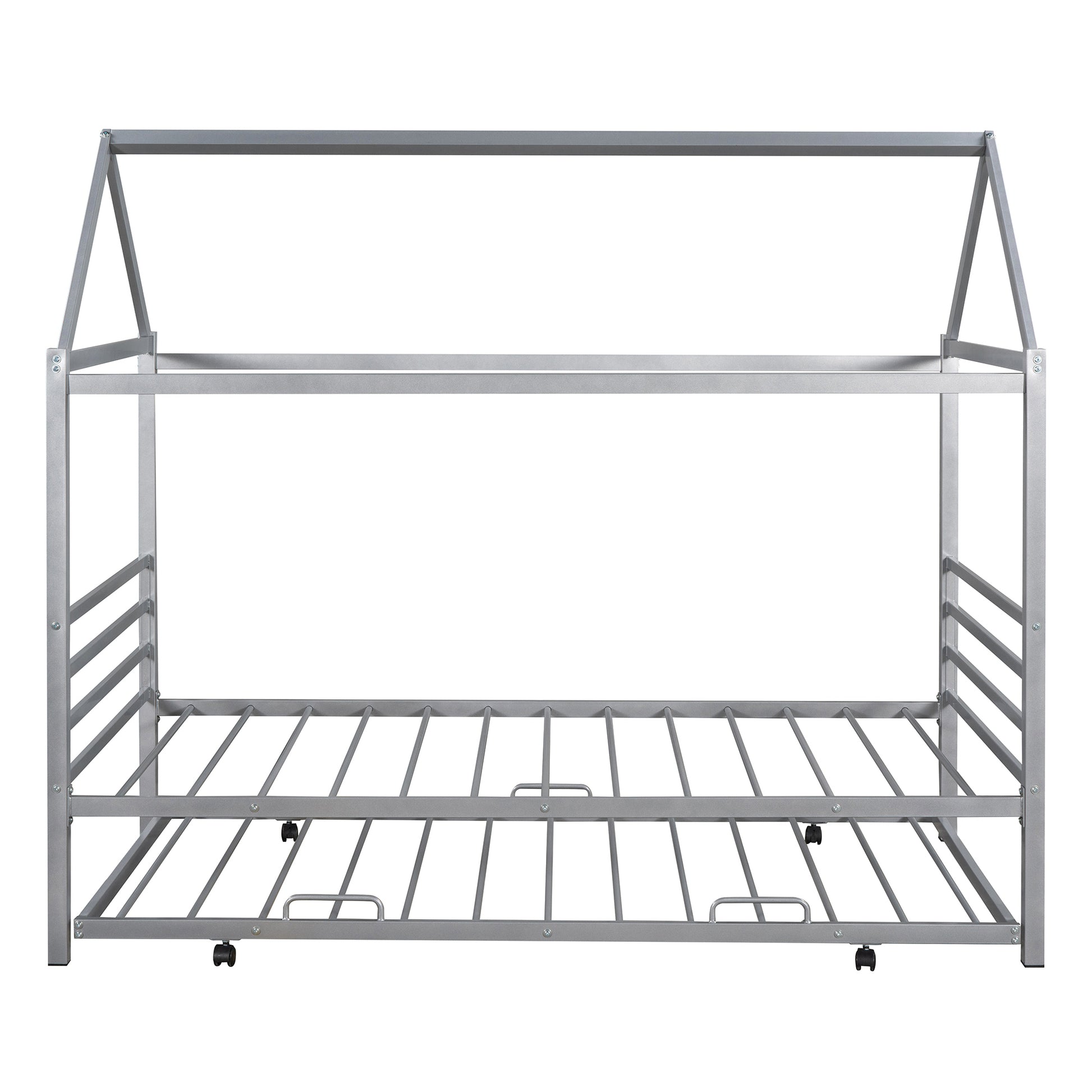 Twin Size Metal House Shape Platform Bed With Trundle,Silver Twin Silver Metal Bedroom Bed Frame Metal