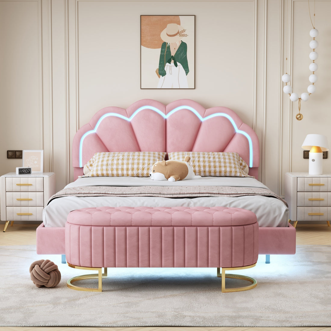 2 Pieces Bedroom Sets,Queen Size Upholstered Led Platform Bed With Storage Ottoman Velvet,Pink Pink Velvet