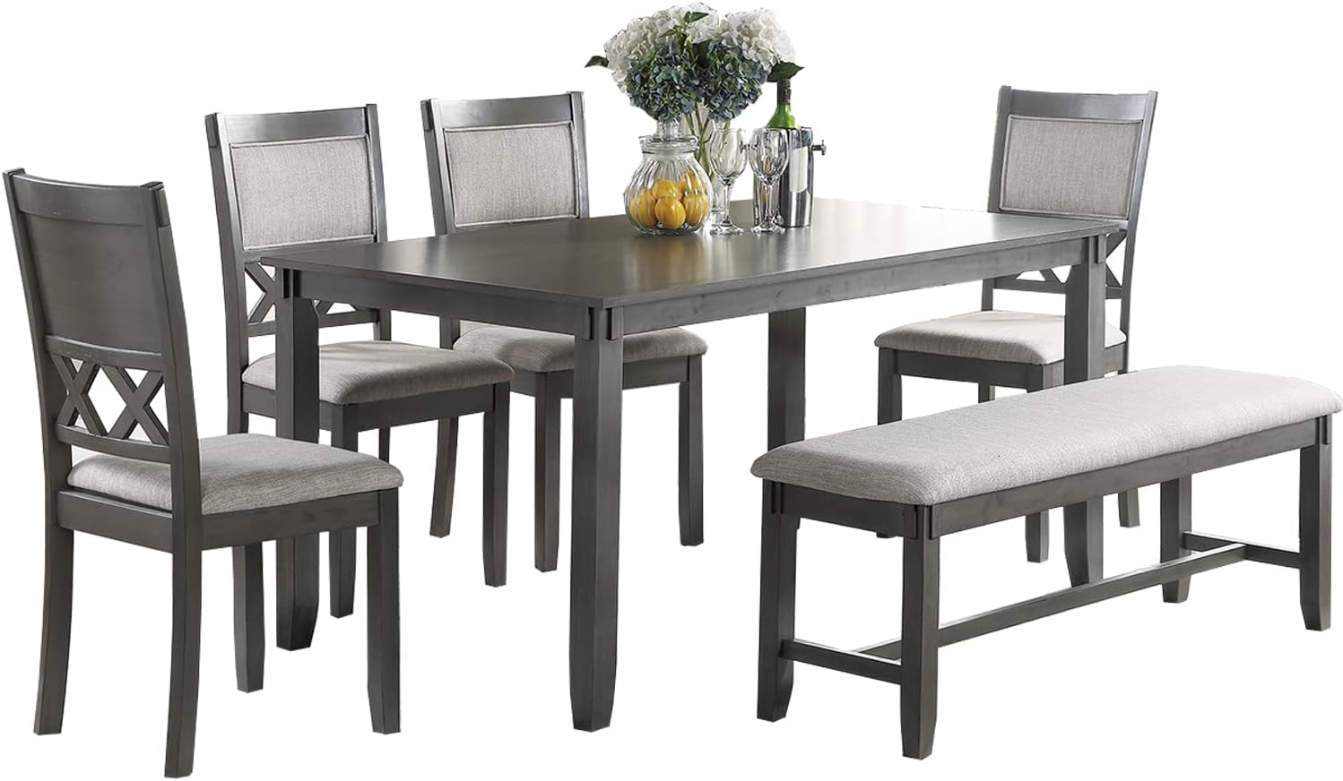 Gray Color Dining Room Furniture Unique Modern 6Pc Set Dining Table 4X Side Chairs And A Bench Solid Wood Rubberwood And Veneers Gray Wood Dining Room Bench Seating Rubberwood Rectangular Dining Table With Chair And Bench Wood Wood Grey Seats 6 60 Inches