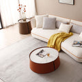 Not Available On 31.5Inch Coffee Table, Marble Top Orange Saddle Leather Body Iron Frame Orange Metal