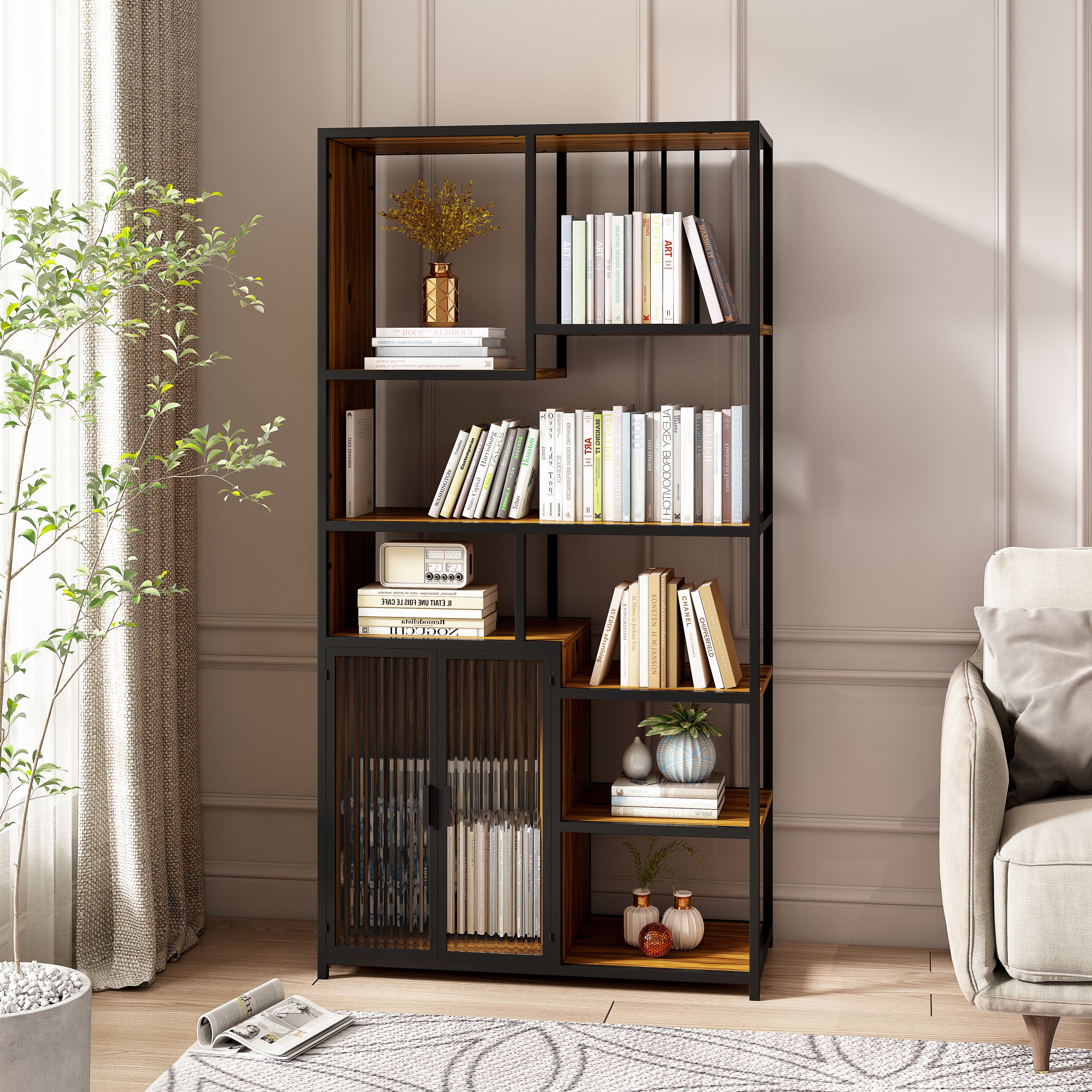 Multipurpose Bookshelf Storage Rack, Left Side With Enclosed Storage C