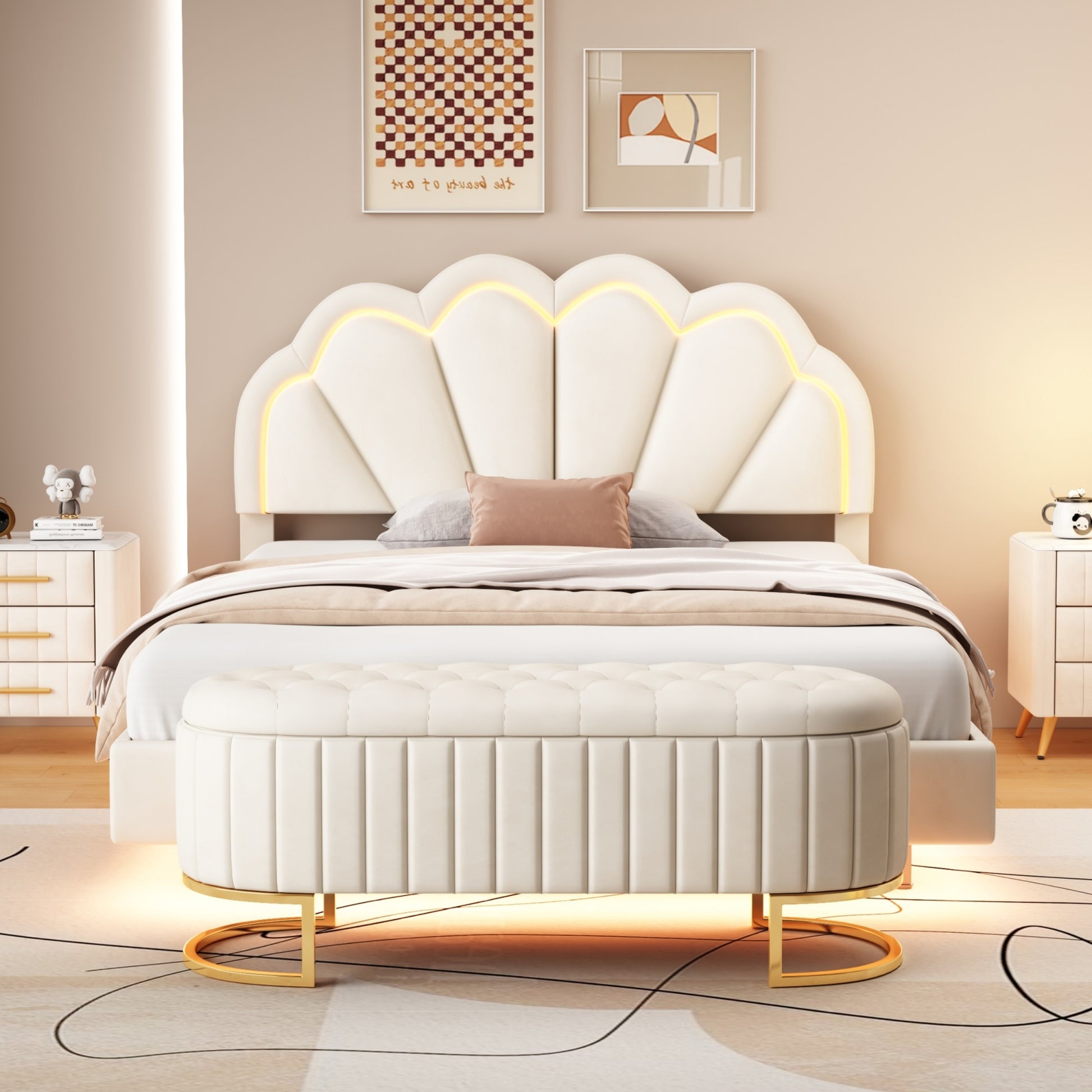 2 Pieces Bedroom Sets Full Size Upholstered Led Platform Bed With Storage Ottoman Velvet,Beige Beige Velvet