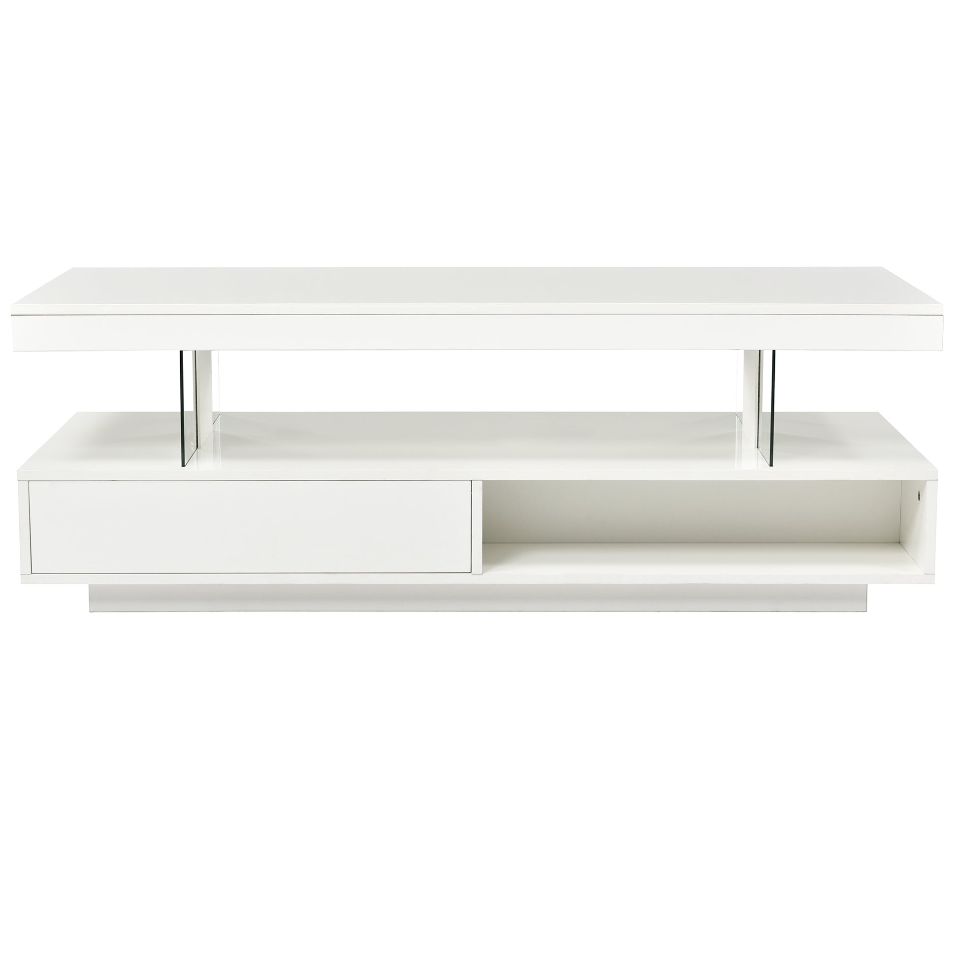 Led Coffee Table With Storage, Modern Center Table With 2 Drawers And Display Shelves, Accent Furniture With Led Lights For Living Room,White White Particle Board