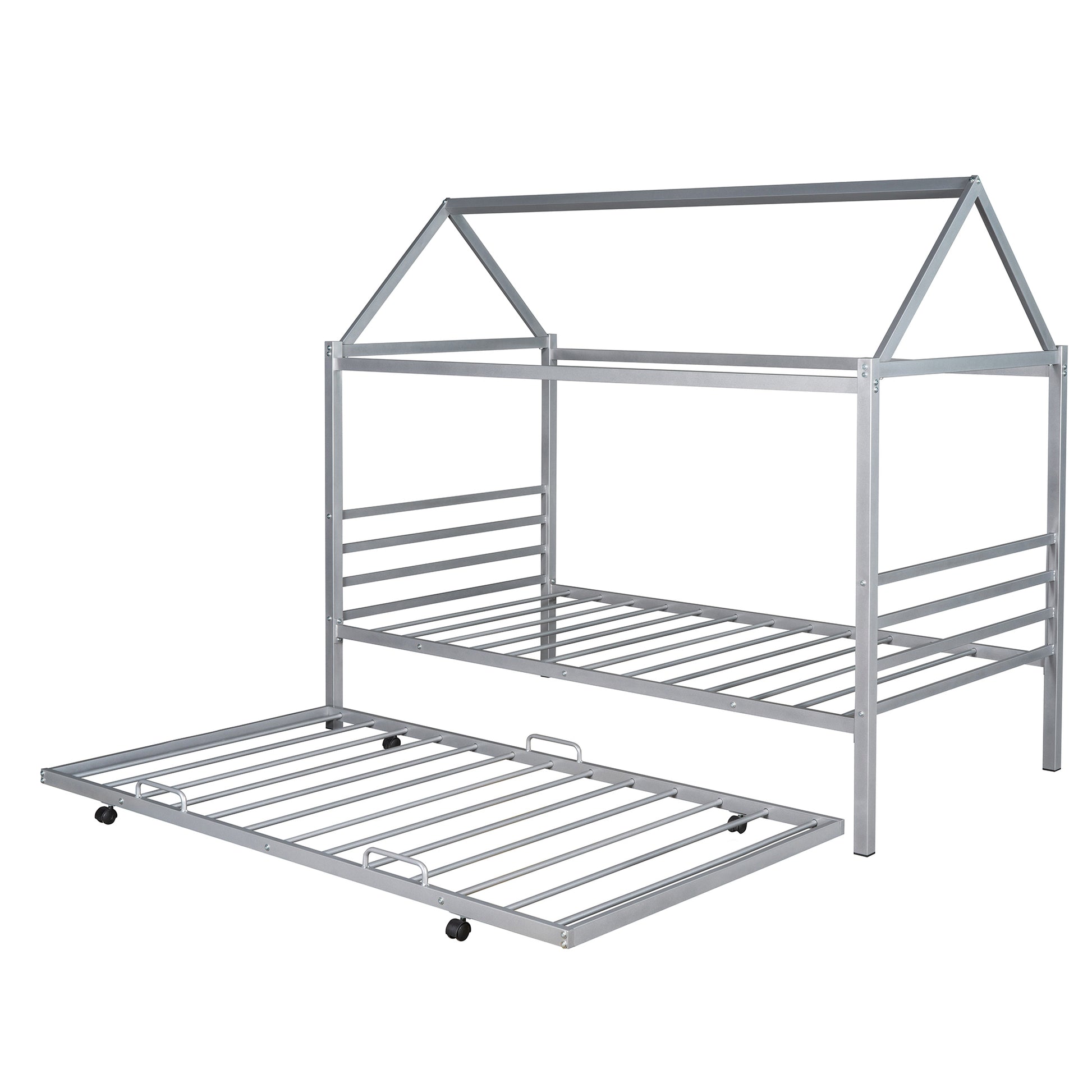 Twin Size Metal House Shape Platform Bed With Trundle,Silver Twin Silver Metal Bedroom Bed Frame Metal