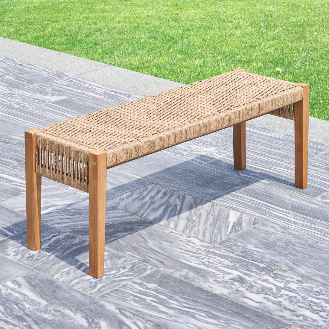 Mauricio Golden Oak Acacia Wood Mixed Strapped Rattan Garden Bench Light Brown Wood Acacia Wood