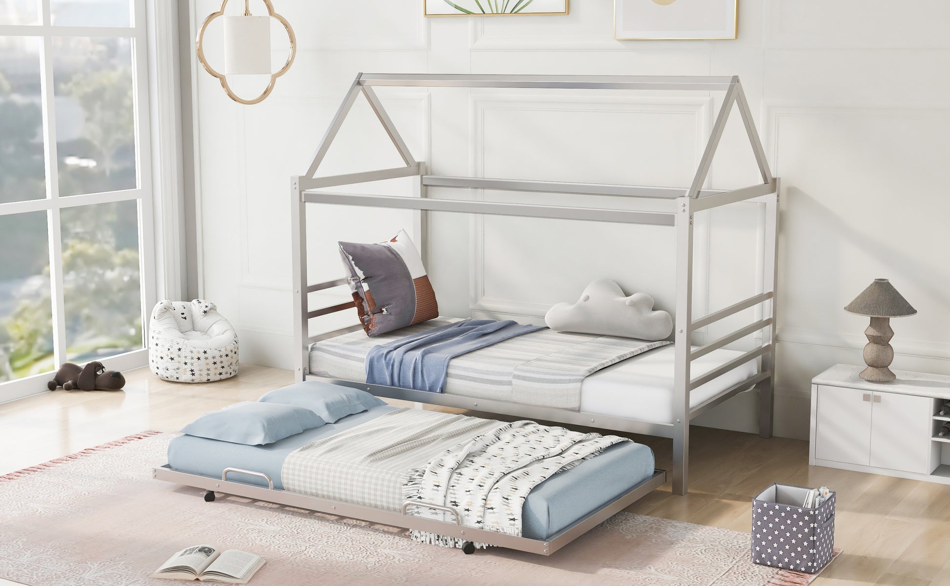 Twin Size Metal House Shape Platform Bed With Trundle,Silver Twin Silver Metal Bedroom Bed Frame Metal