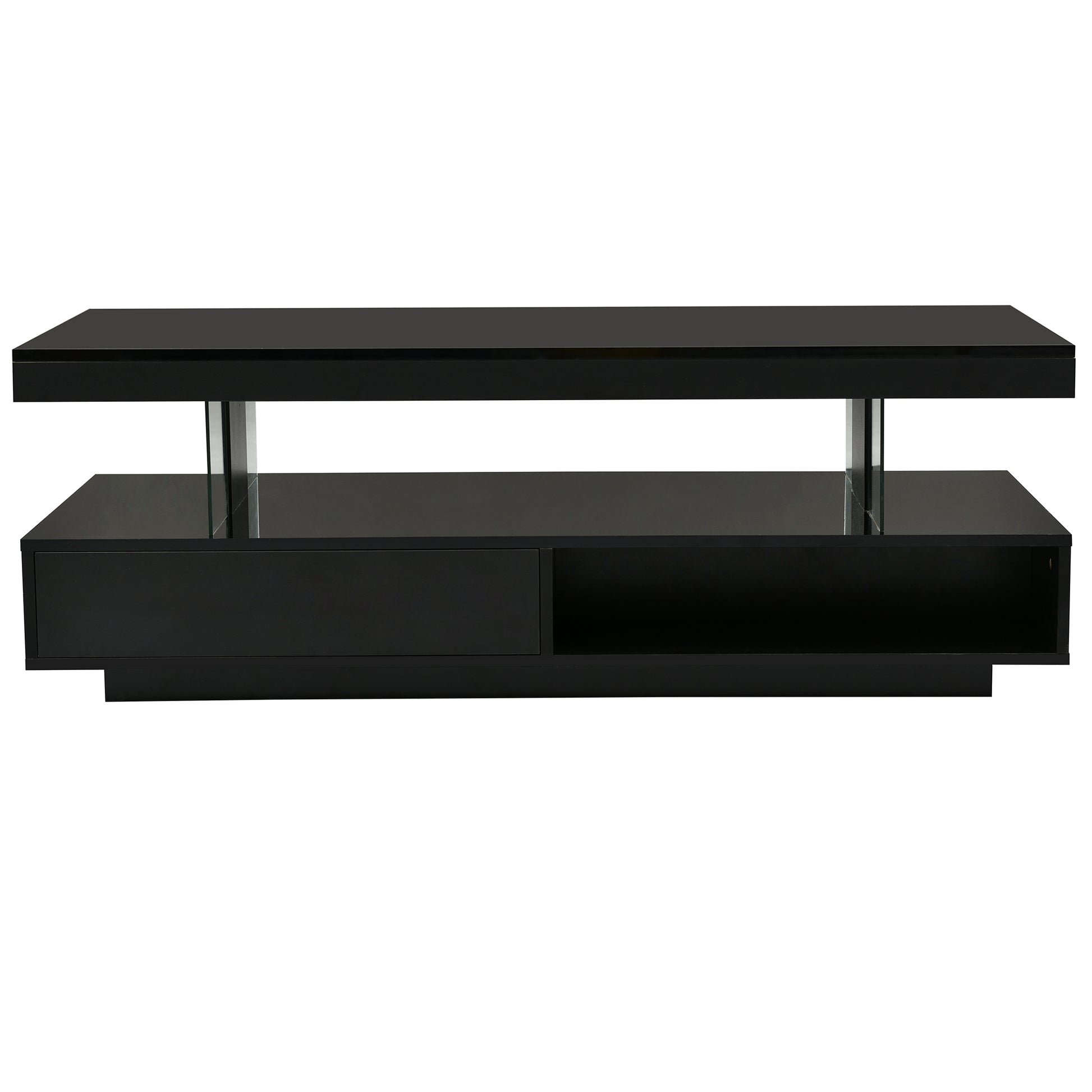 Led Coffee Table With Storage, Modern Center Table With 2 Drawers And Display Shelves, Accent Furniture With Led Lights For Living Room,Black Black Particle Board