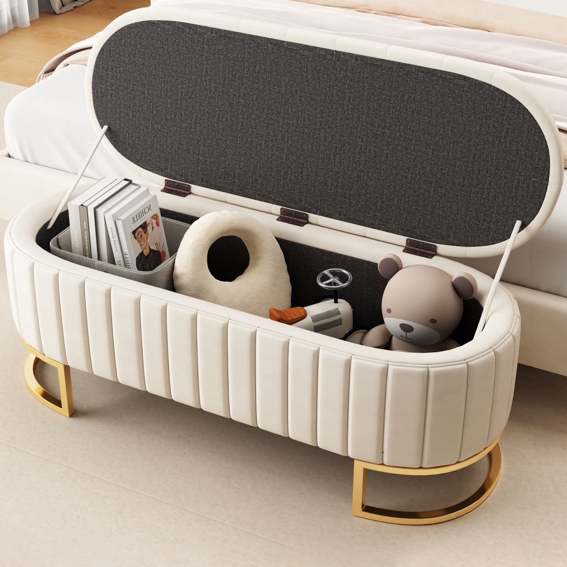 Elegant Upholstered Velvet Storage Ottoman With Button Tufted,Storage Bench With Metal Legs For Bedroom,Living Room,Fully Assembled Except Legs,Beige Beige Velvet