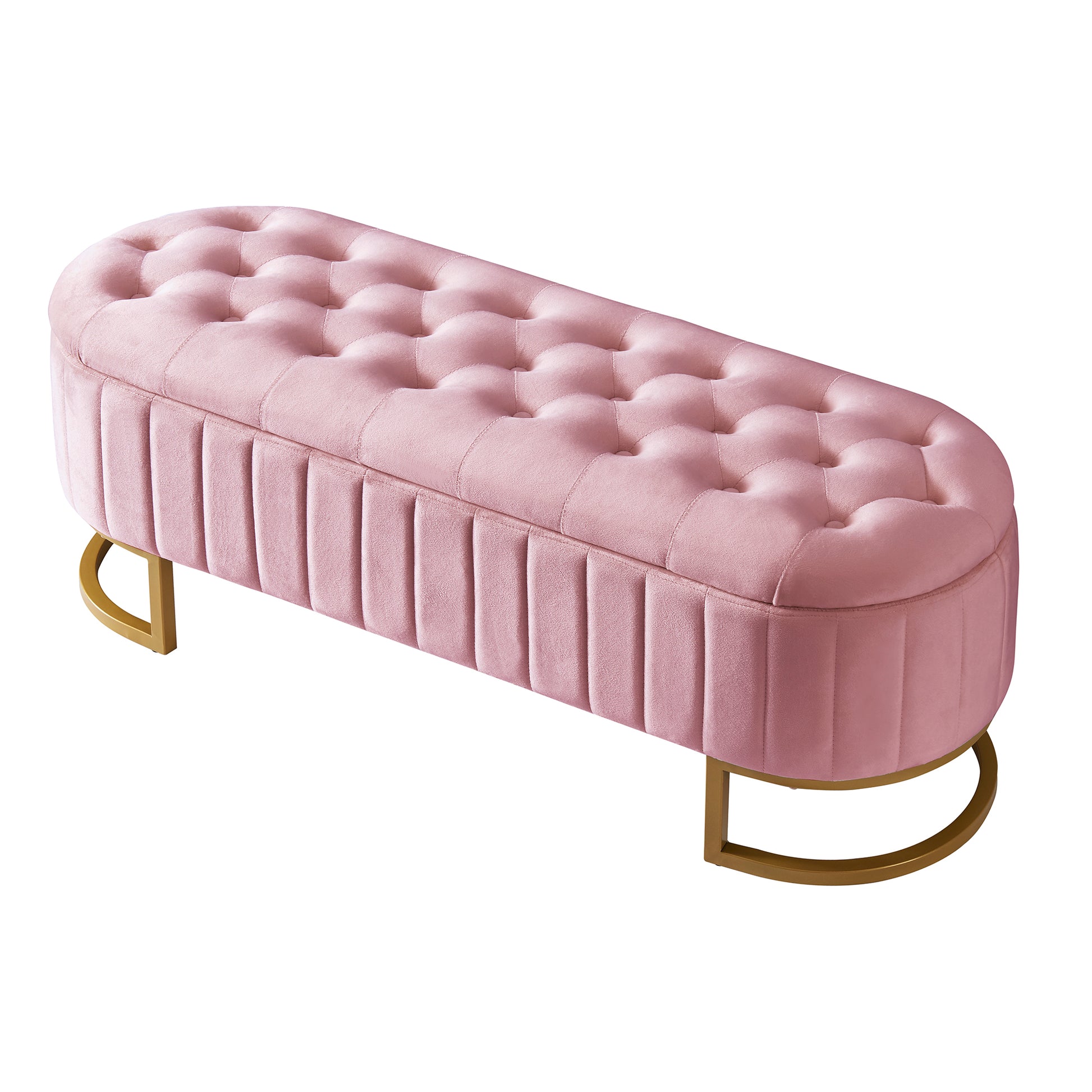 Elegant Upholstered Velvet Storage Ottoman With Button Tufted,Storage Bench With Metal Legs For Bedroom,Living Room,Fully Assembled Except Legs,Pink Pink Velvet