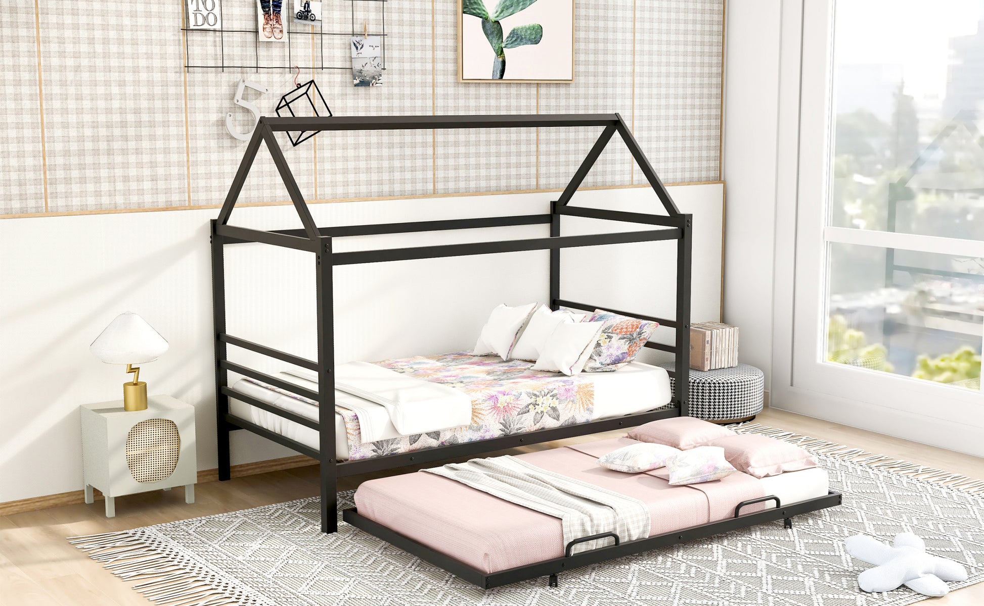 Twin Size Metal House Shape Platform Bed With Trundle,Black Box Spring Not Required Twin Black Metal Bedroom Bed Frame Metal