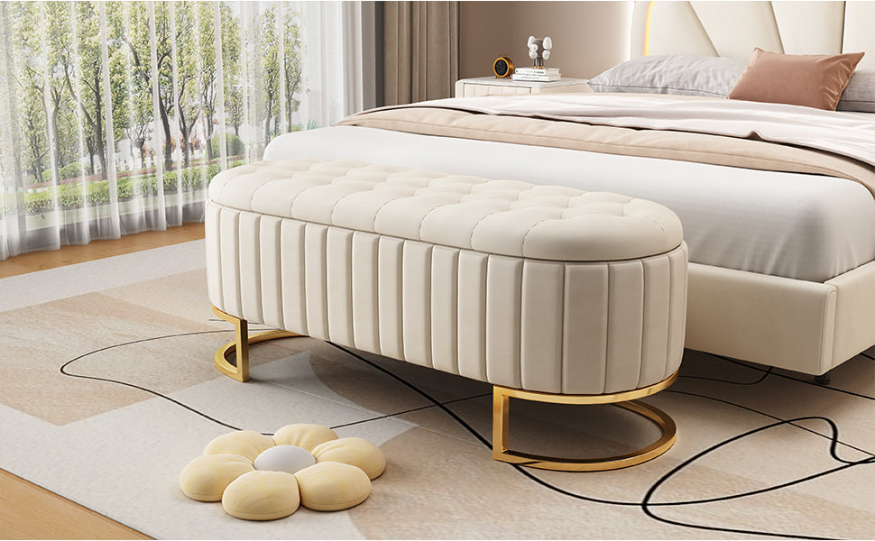 Elegant Upholstered Velvet Storage Ottoman With Button Tufted,Storage Bench With Metal Legs For Bedroom,Living Room,Fully Assembled Except Legs,Beige Beige Velvet