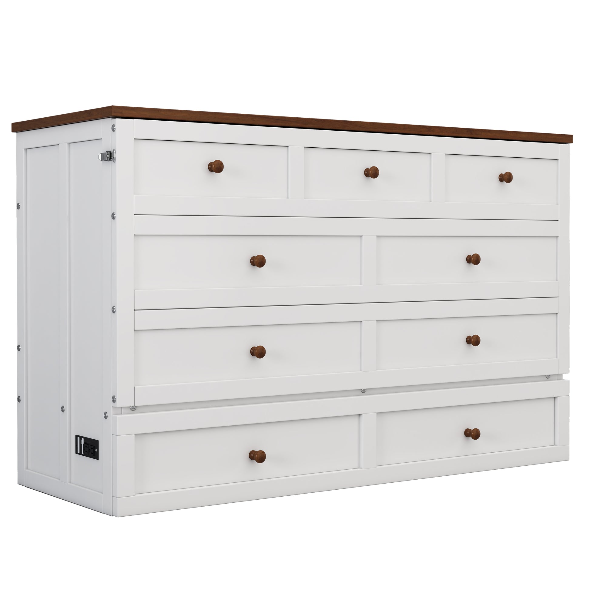 Solid Pine Murphy Bed Chest With Charging Station And Large Storage Drawer For Home Office Or Small Roomfull, White Walnut White Walnut Wood