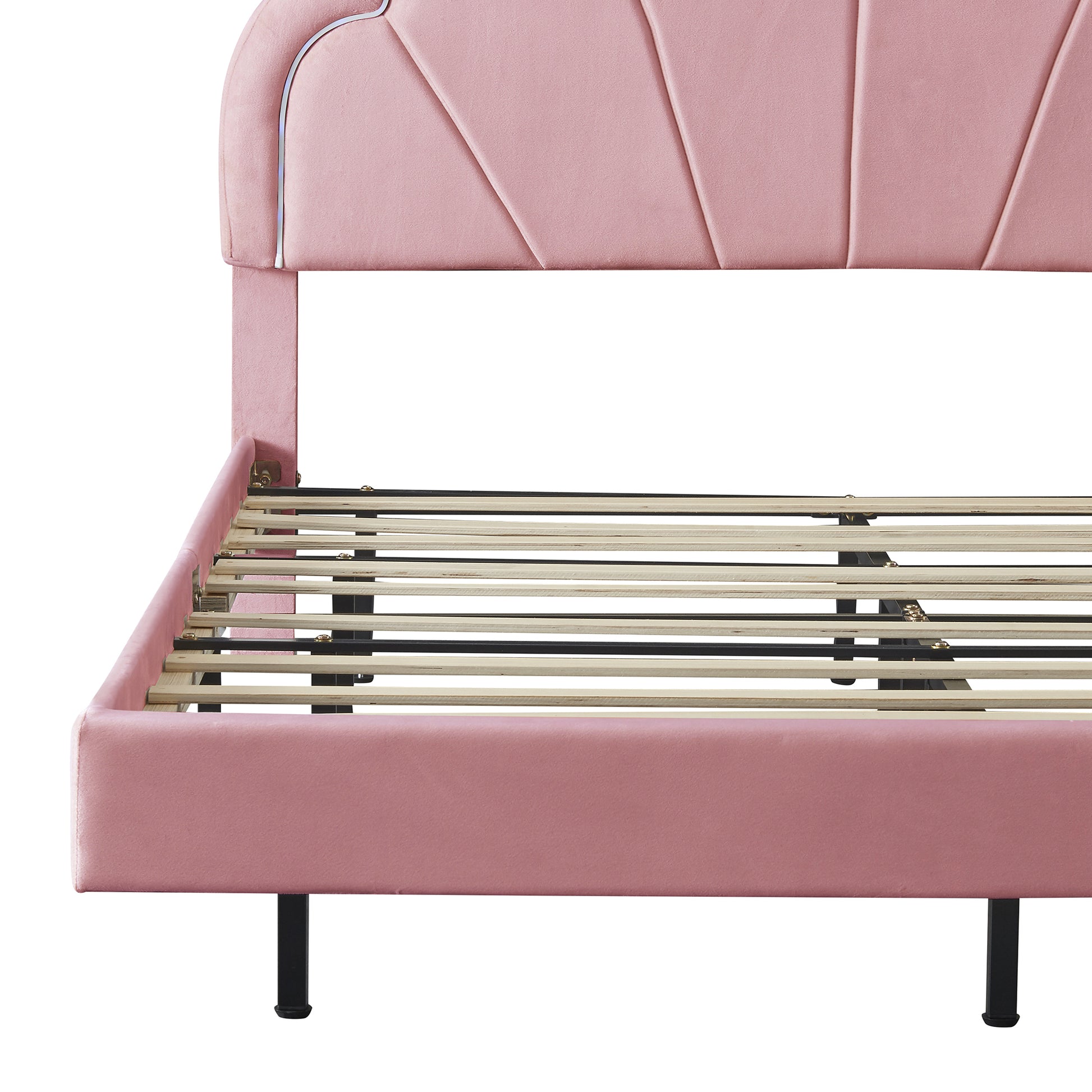 Queen Upholstered Smart Led Bed Frame With Elegant Flowers Headboard,Floating Velvet Platform Led Bed With Wooden Slats Support,Pink Pink Velvet