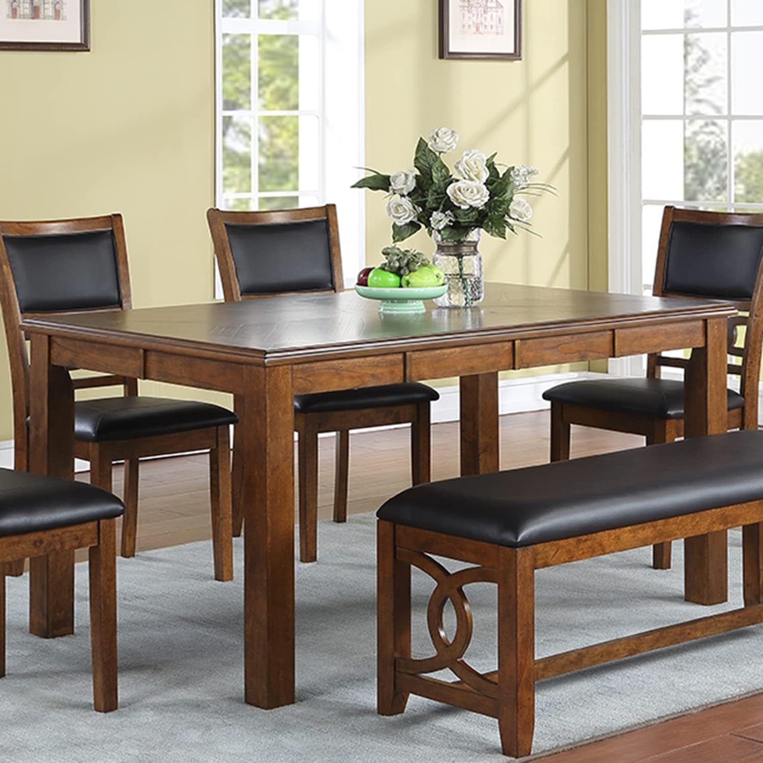 Contemporary Dining 6pc Set Table w 4x Side Chairs And brown-wood-dining room-bench