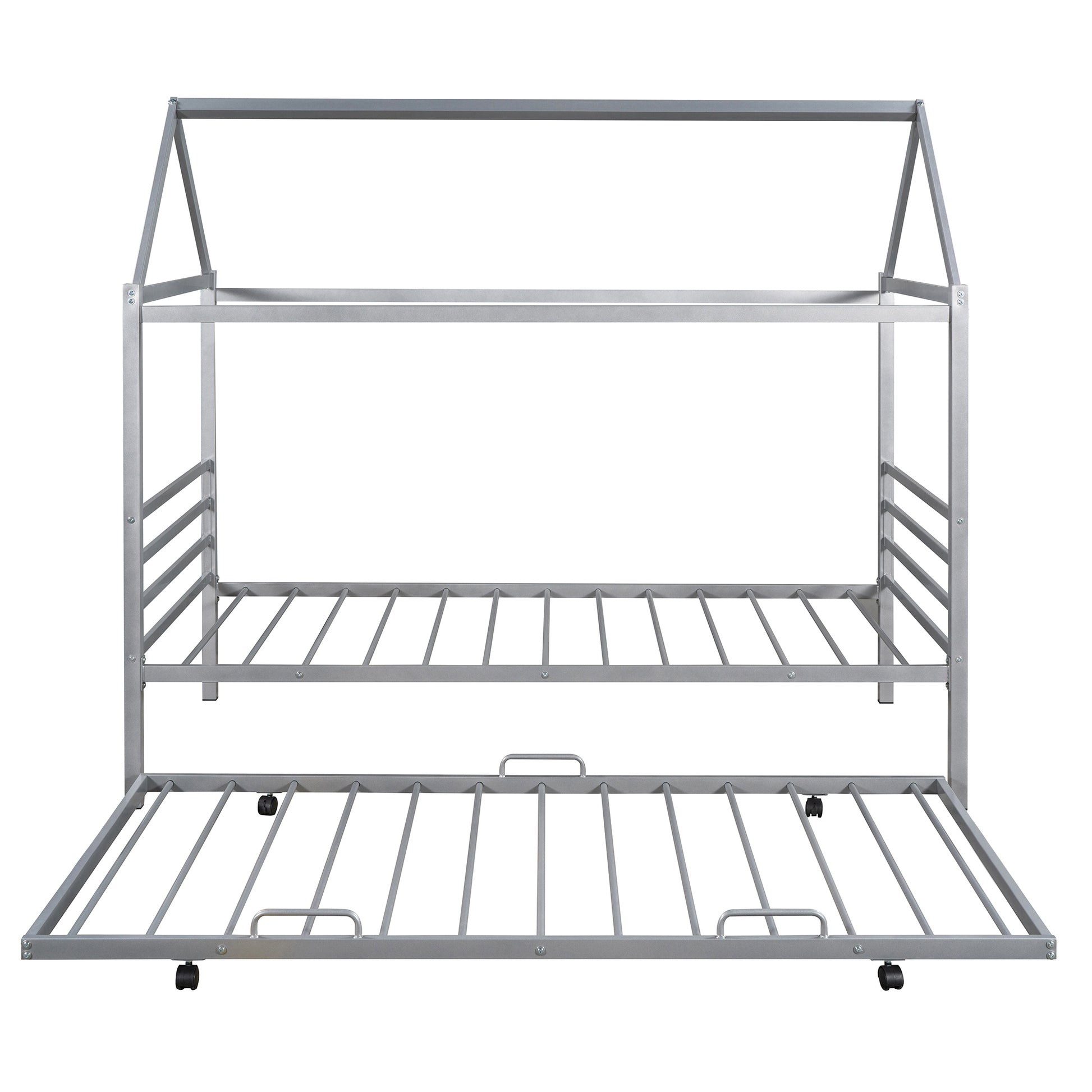 Twin Size Metal House Shape Platform Bed With Trundle,Silver Twin Silver Metal Bedroom Bed Frame Metal