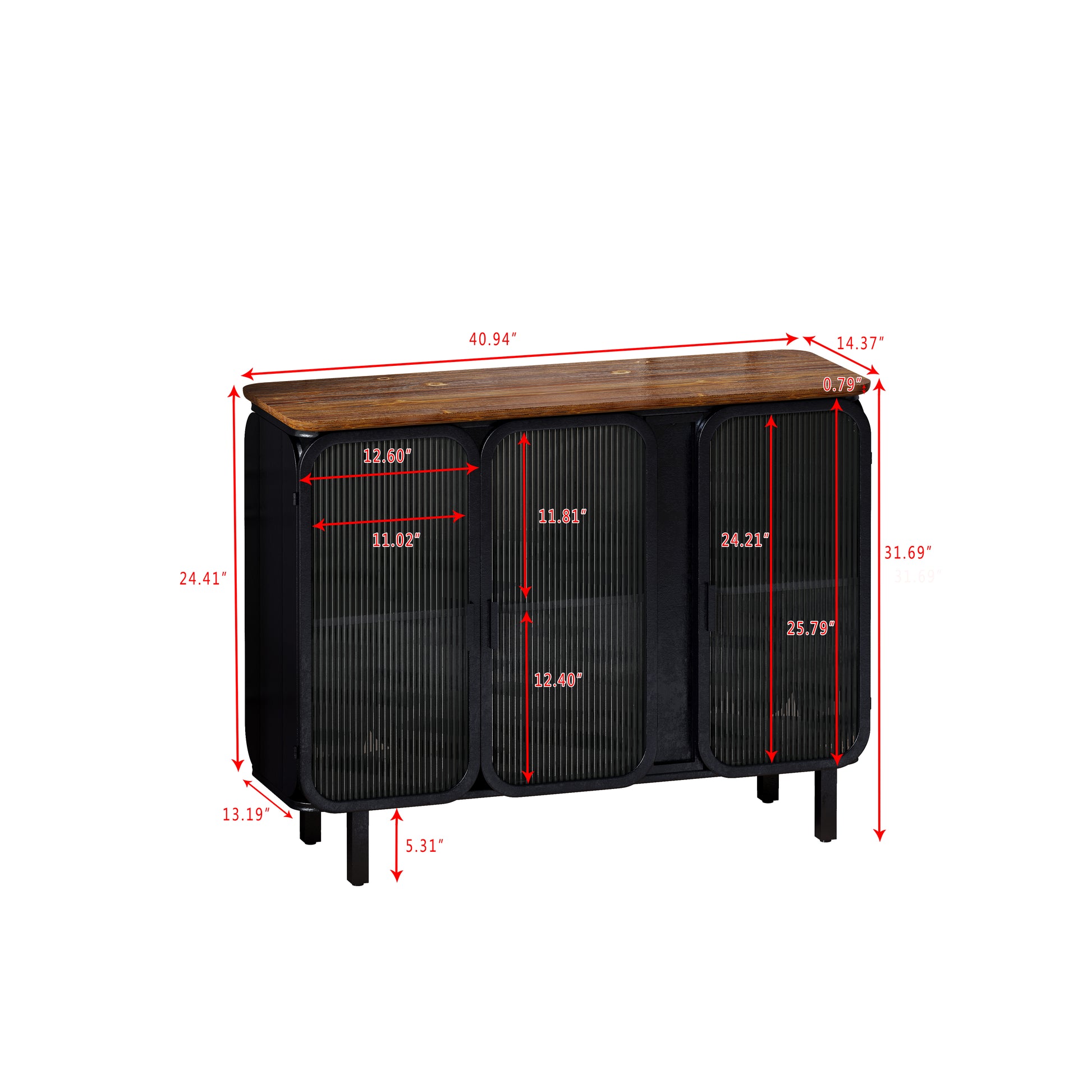 40.94"Glass Doors Modern Three Door Cabinet With Featuring Two Tier Storage,Unique Fir Cabinet Top,For Entryway,Living Room,Home Office,Dining Room Black Brown Metal & Wood