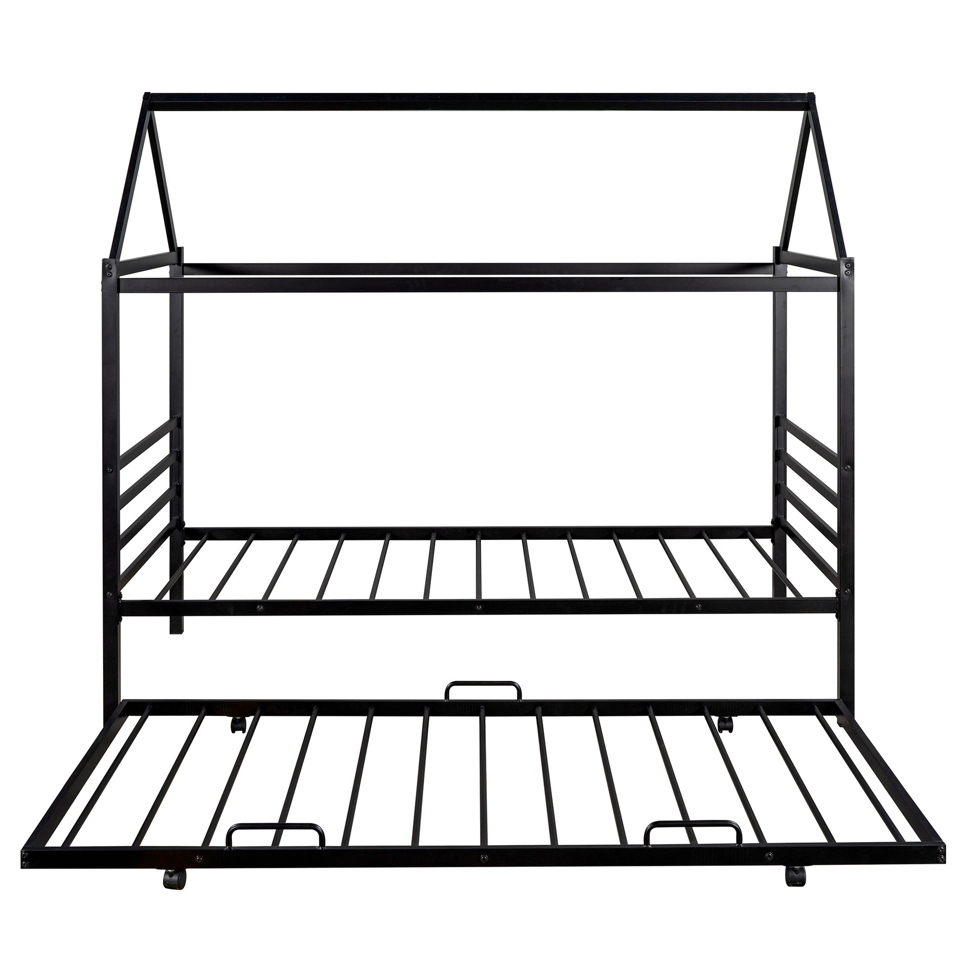 Twin Size Metal House Shape Platform Bed With Trundle,Black Box Spring Not Required Twin Black Metal Bedroom Bed Frame Metal