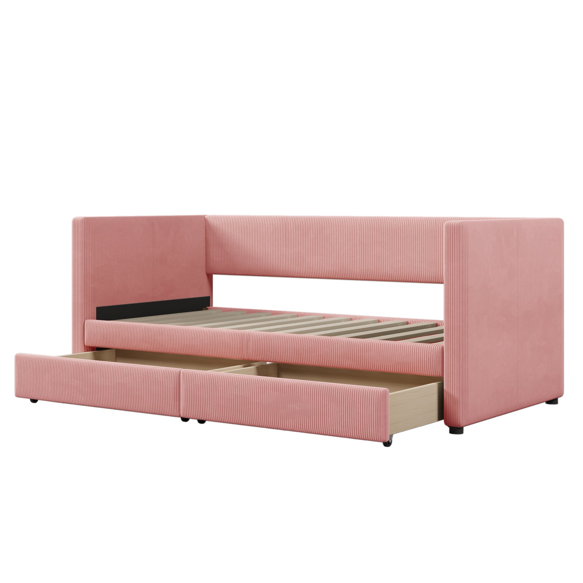 Twin Size Corduroy Daybed With Two Drawers And Wood Slat, Pink Pink Corduroy