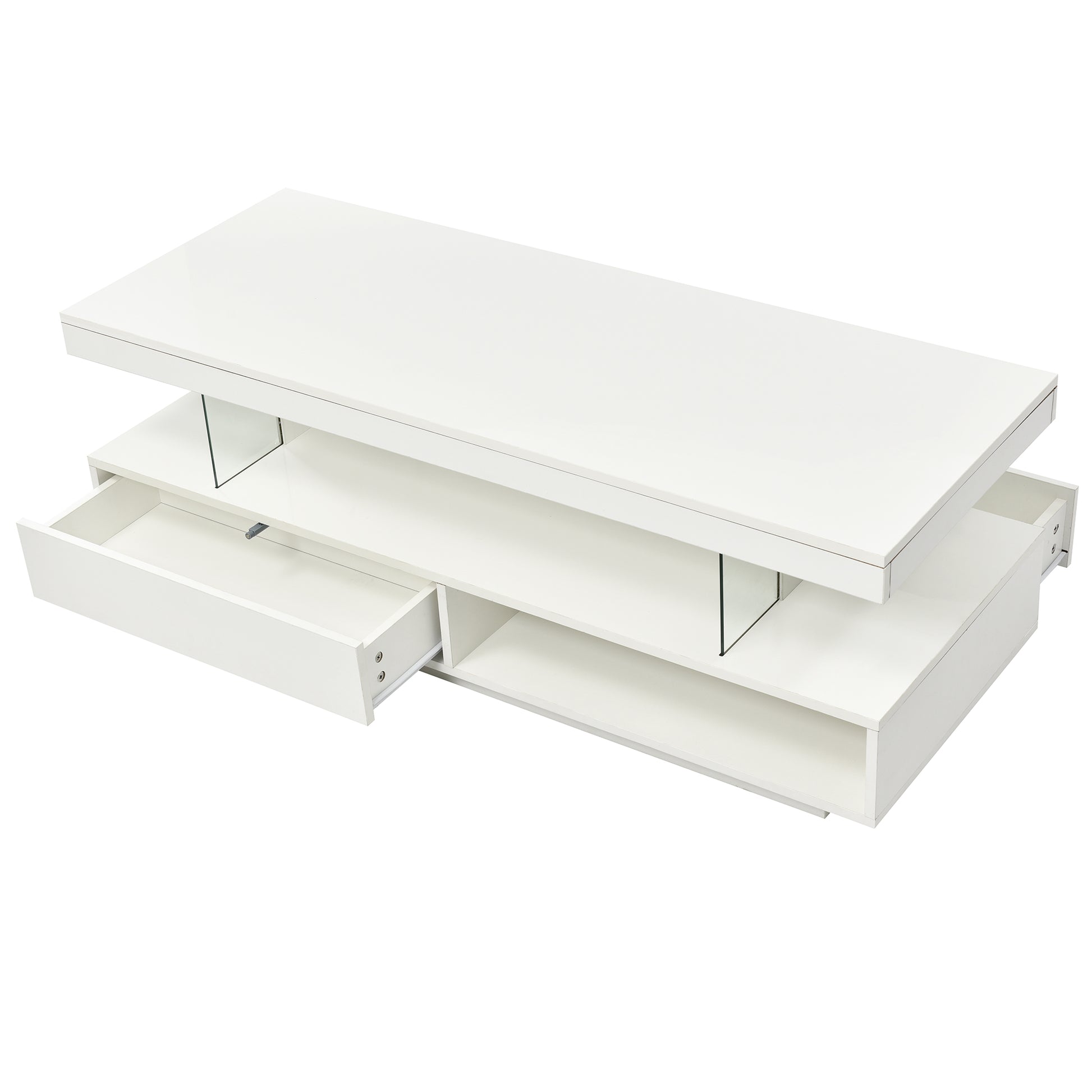 Led Coffee Table With Storage, Modern Center Table With 2 Drawers And Display Shelves, Accent Furniture With Led Lights For Living Room,White White Particle Board