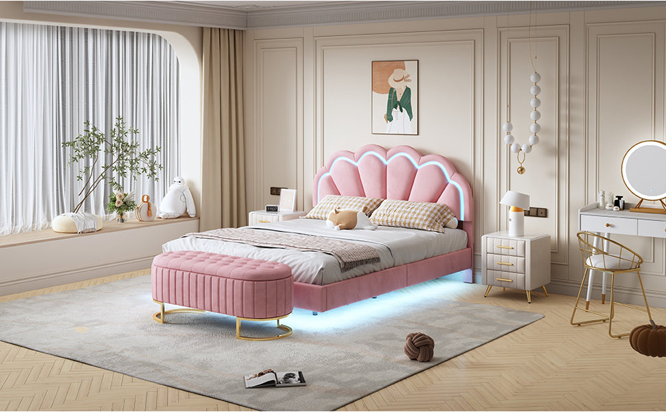2 Pieces Bedroom Sets,Queen Size Upholstered Led Platform Bed With Storage Ottoman Velvet,Pink Pink Velvet