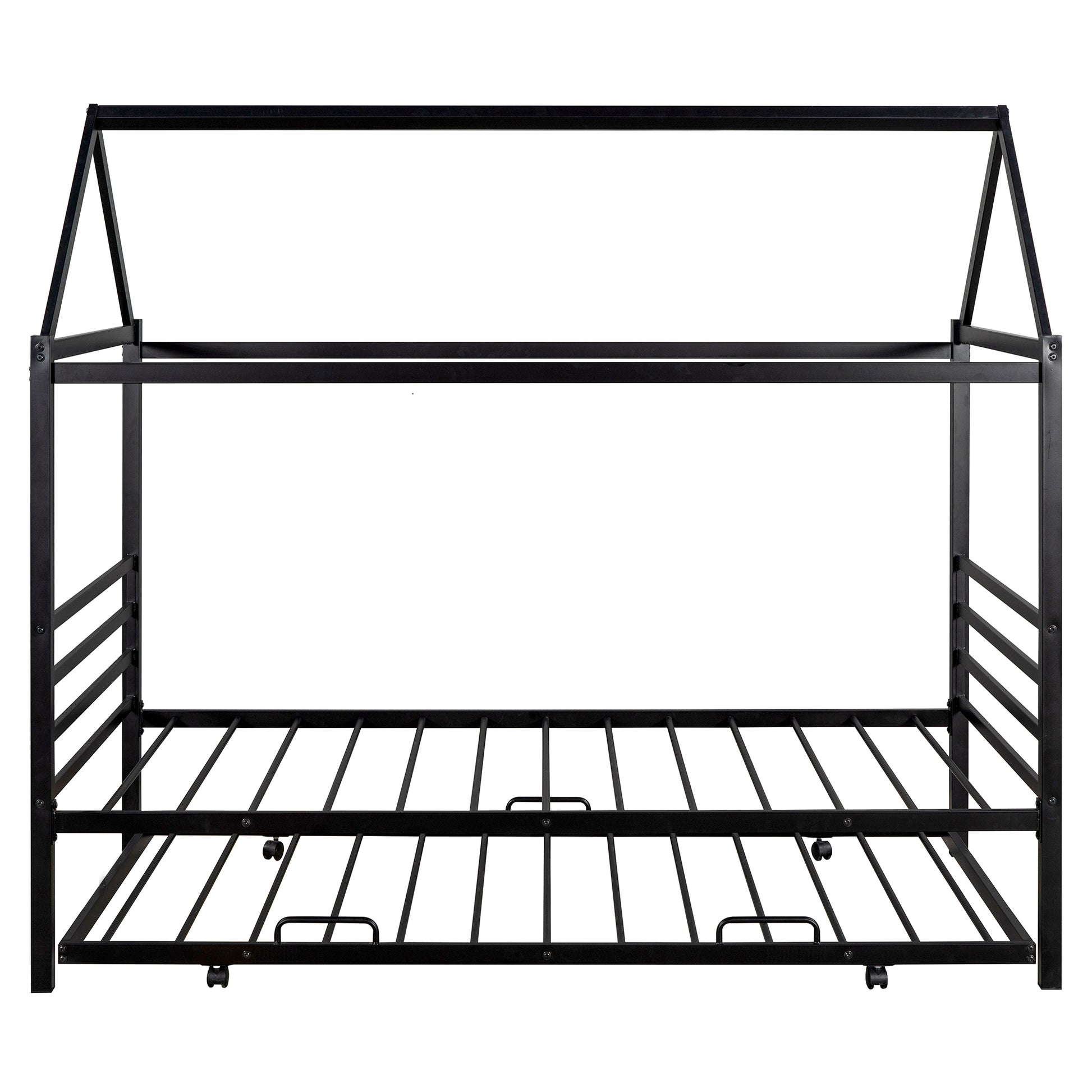Twin Size Metal House Shape Platform Bed With Trundle,Black Box Spring Not Required Twin Black Metal Bedroom Bed Frame Metal